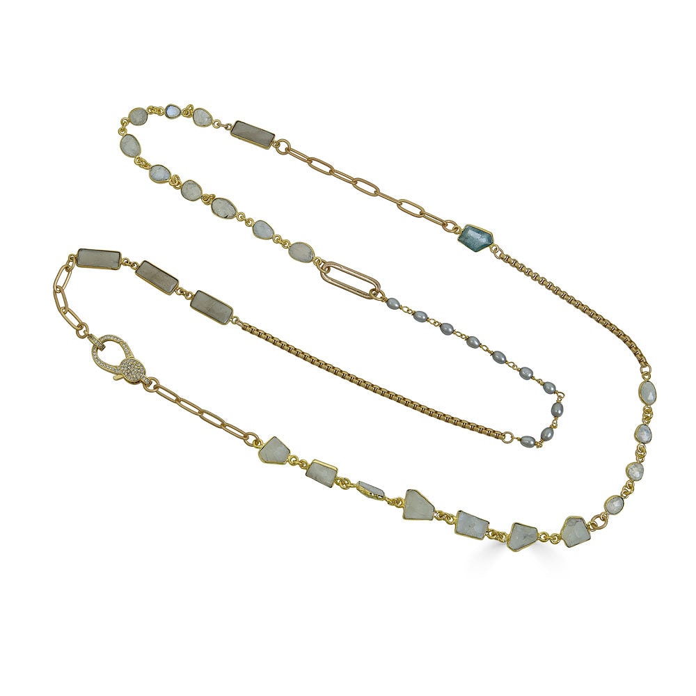 Loni Paul Jewelry Women's Gold / Green / Grey Gold Moonstone, Aquamarine & Pearl Long Necklace In Gold