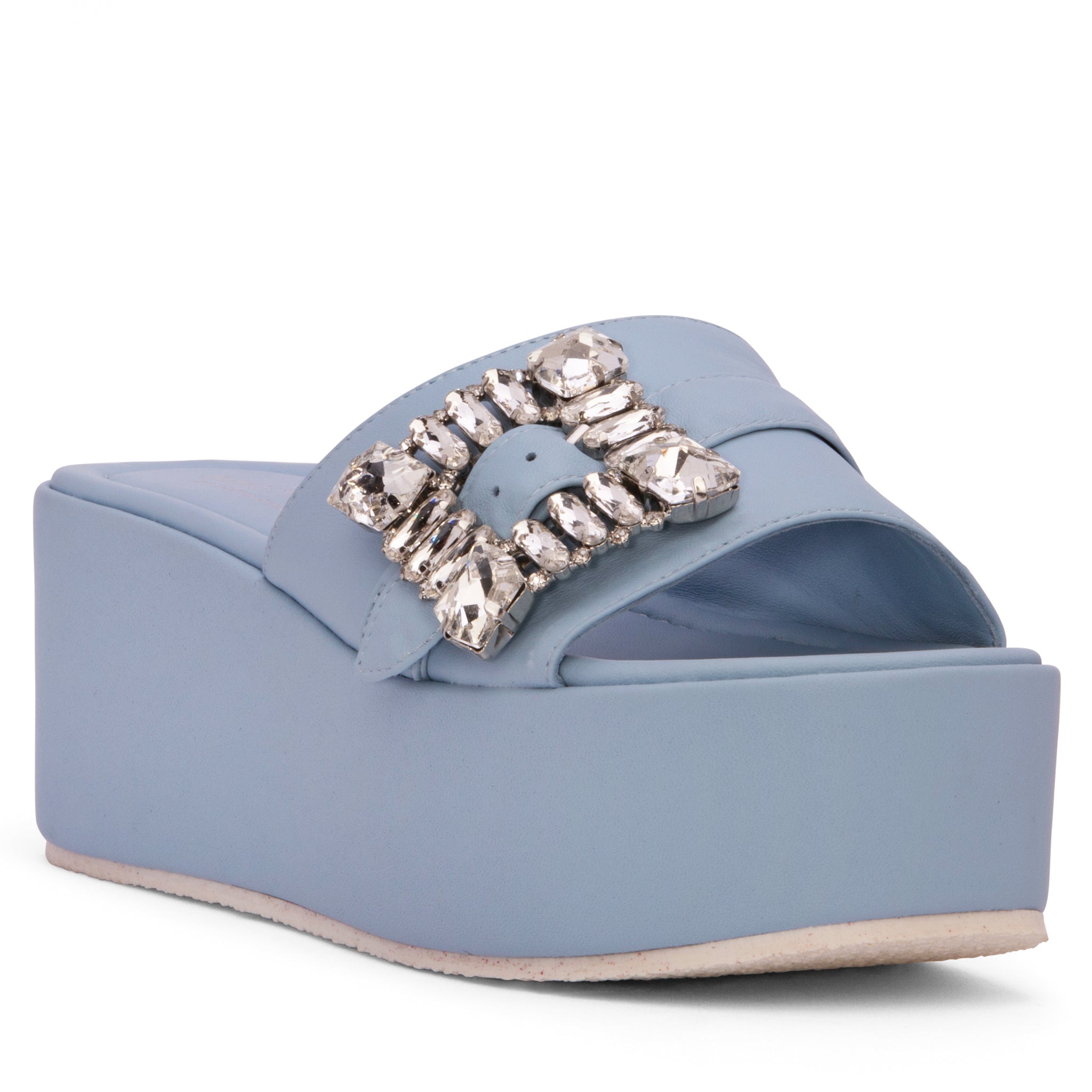 Beautiisoles By Robyn Shreiber Made In Italy Women's Dita Baby Blue Leather Slide Mule Espadrille Sandal Comfortable & Elegant For Work & Evening In Blue
