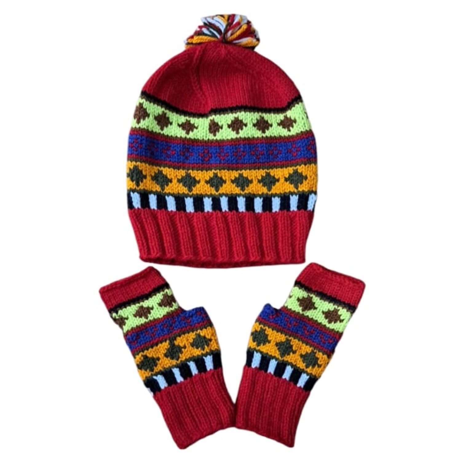 Springmoonatelier Women's Handcrafted Wool Hat And Fingerless Gloves - Dark Red With Mixed Colors