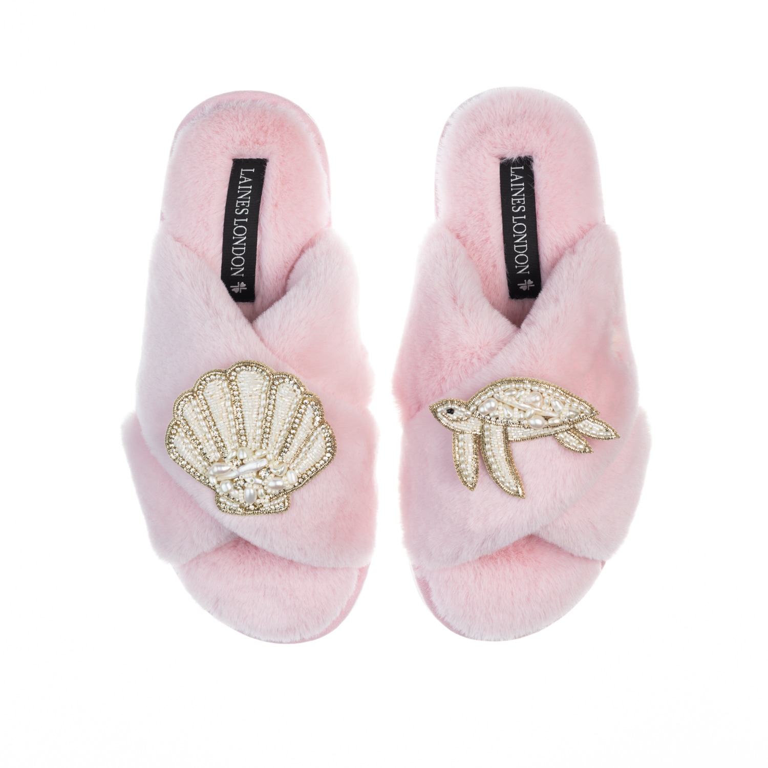 Laines London Women's Pink / Purple Classic Laines Slippers With Pearl Beaded Turtle & Shell Brooches - Pink