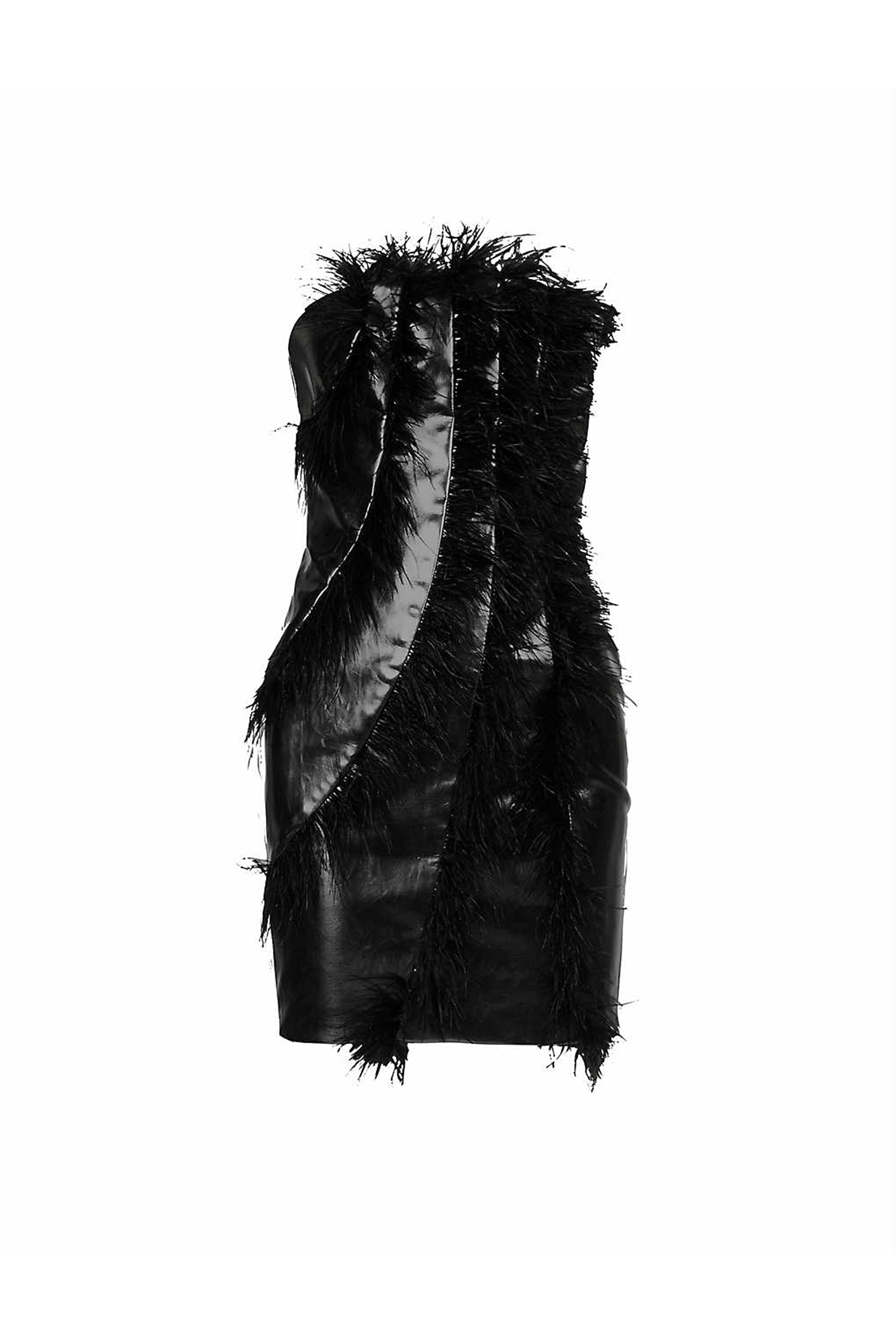 Women’s Black Brittini Faux Leather Feather Trim Dress Small Amy Lynn