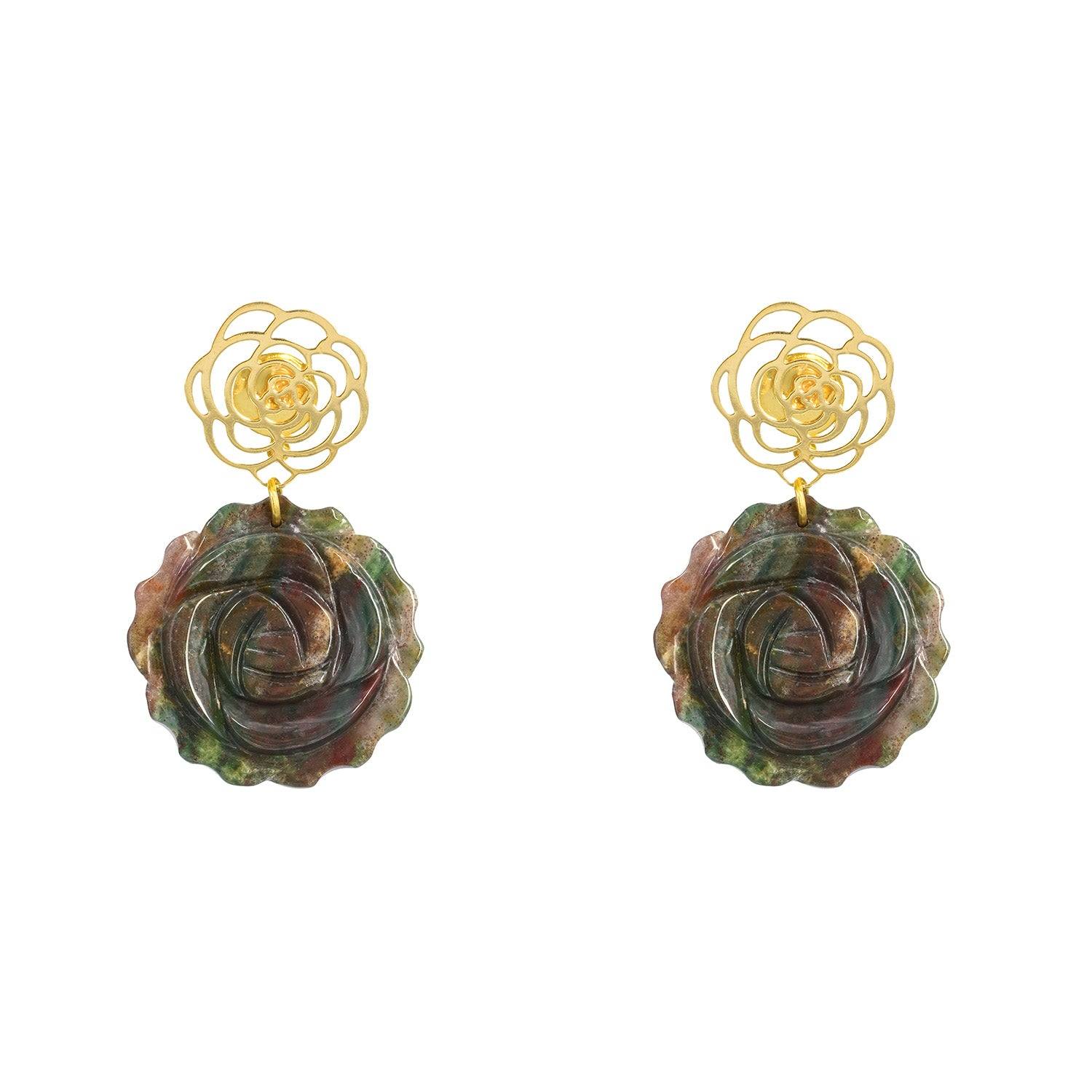 Pat’s Jewelry Women's Gold / Green / Brown Camellia Green Earrings In Multi
