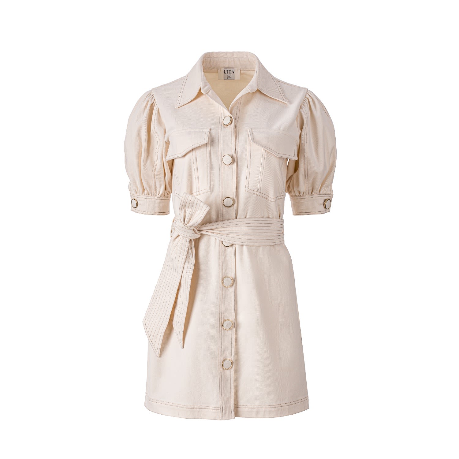 Women's Topstitch Detail Cotton Dress In White | Medium | Lita Couture