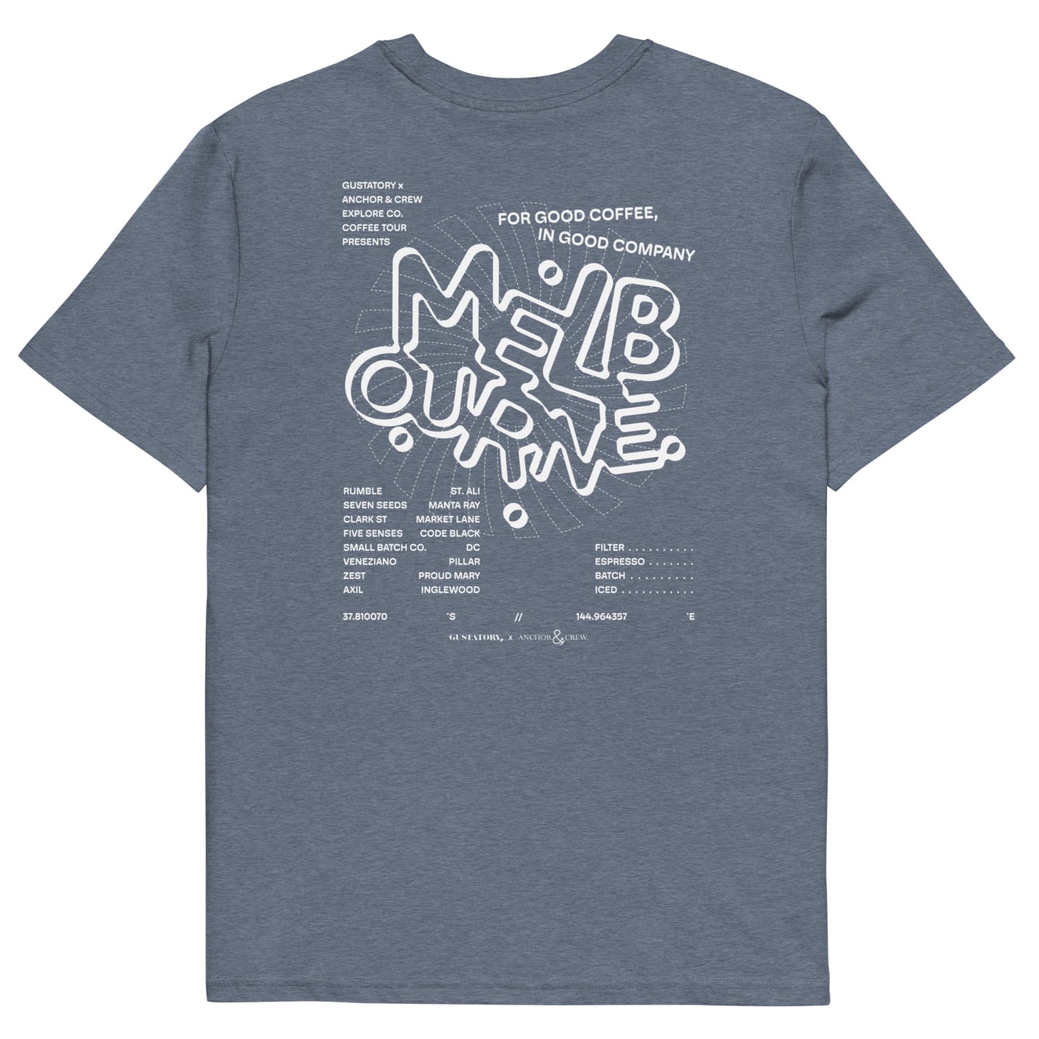 Anchor & Crew Dark Heather Blue Gustatory Melbourne Coffee Scene Organic Cotton Embroidered T-shirt - Women In Blue