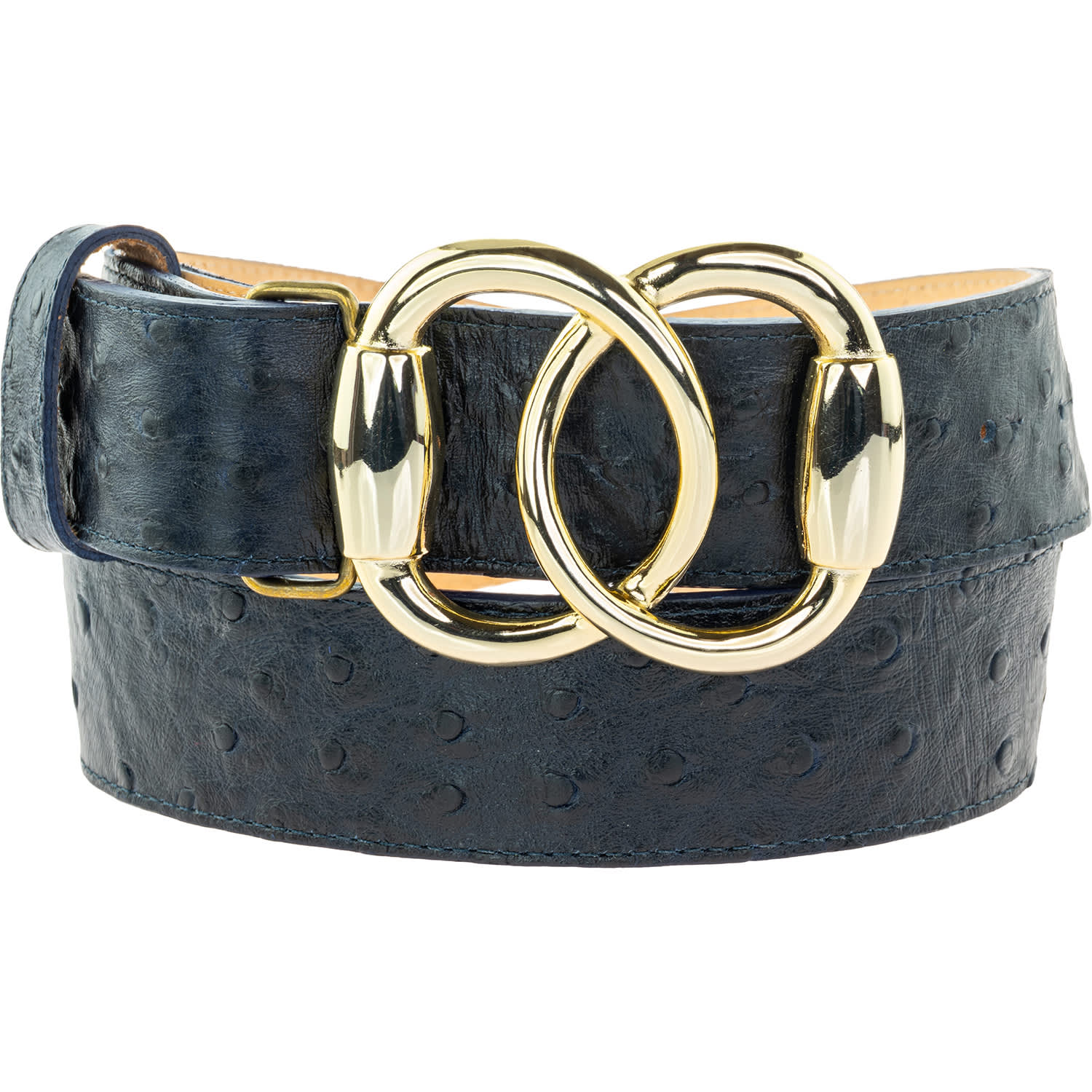 Peachy Belts Ltd Women's Blue / Gold Gold Bit Buckle & Navy Ostrich Belt