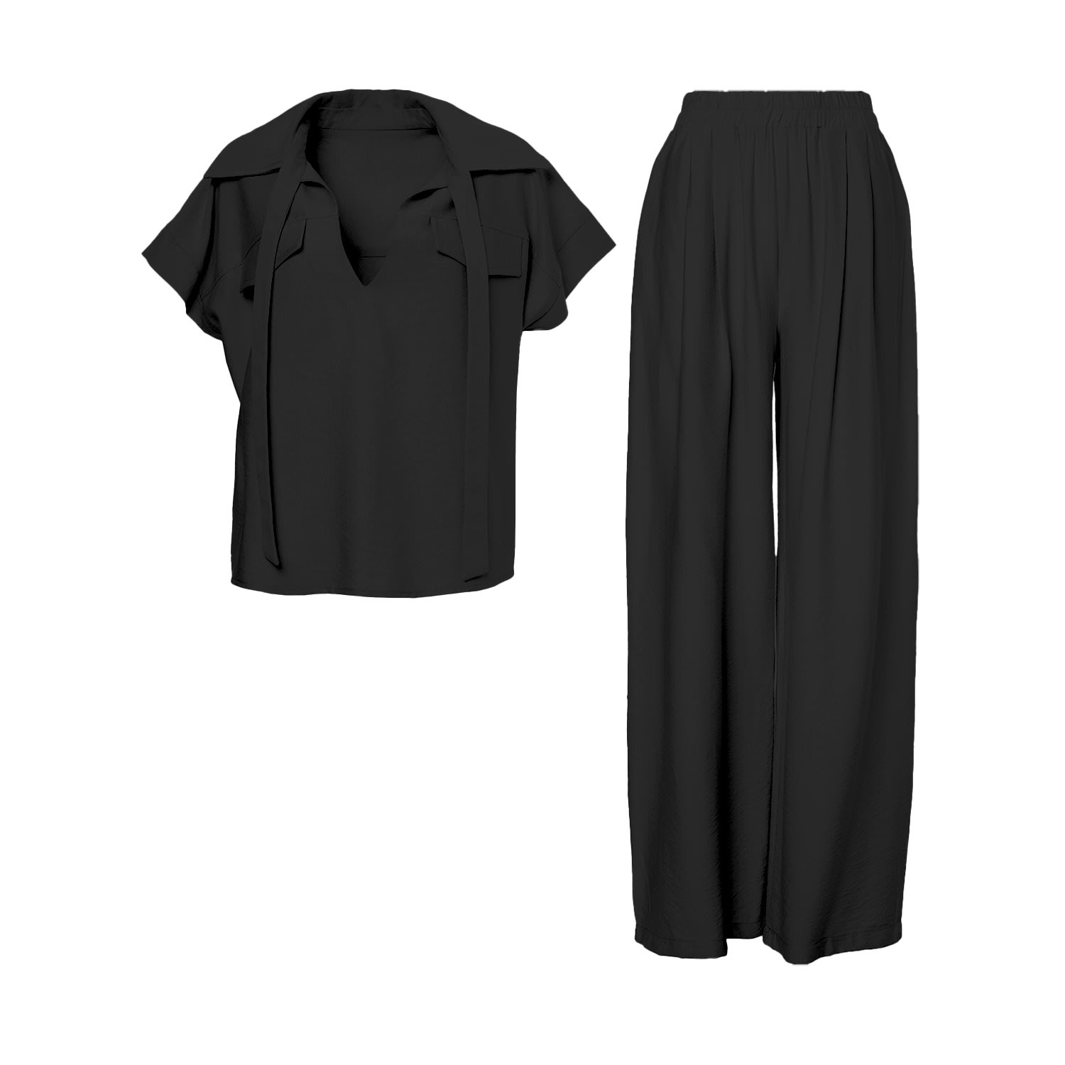 Bluzat Black Matching Linen Set With Shirt  With Pockets And Wide Leg Trousers In Black