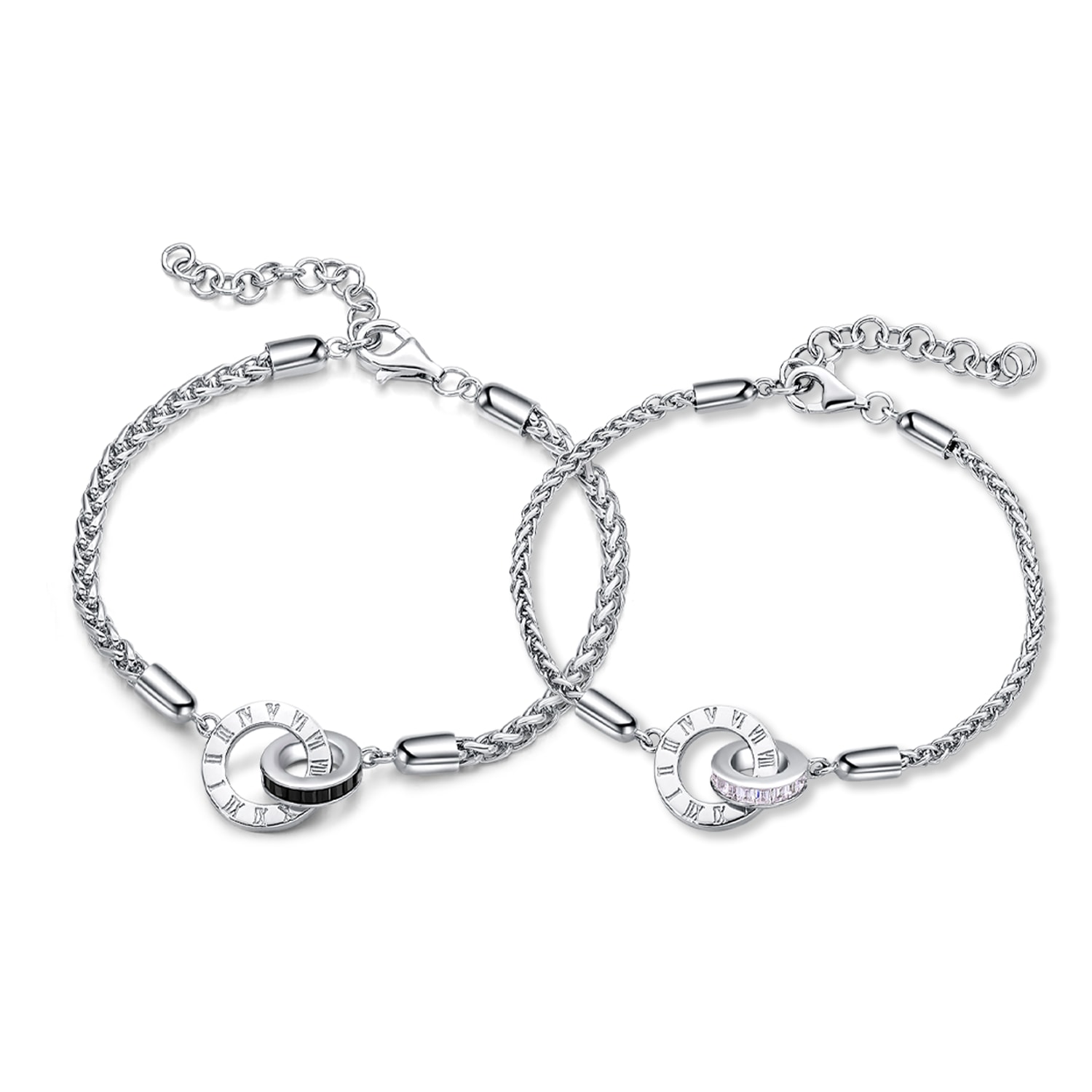 Fanci Me Men's "roman Time" Interlocking Circle Couples Sterling Silver Wheat Chain Bracelets In Silver