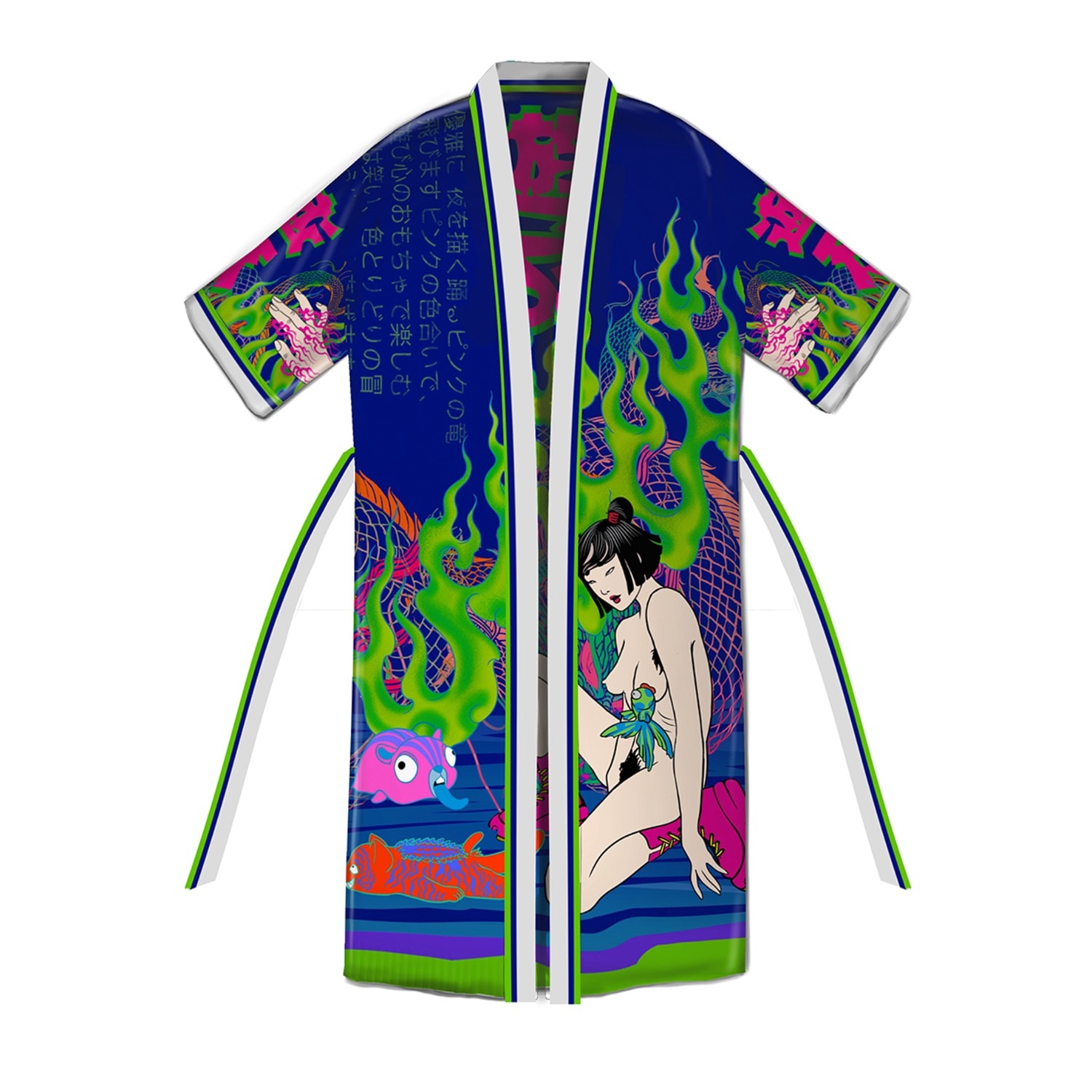Qinkimo Women's Sexy Japanese Style Hand-illustrated Kimono, Statement Piece Playpunk Blue Edition In Blue