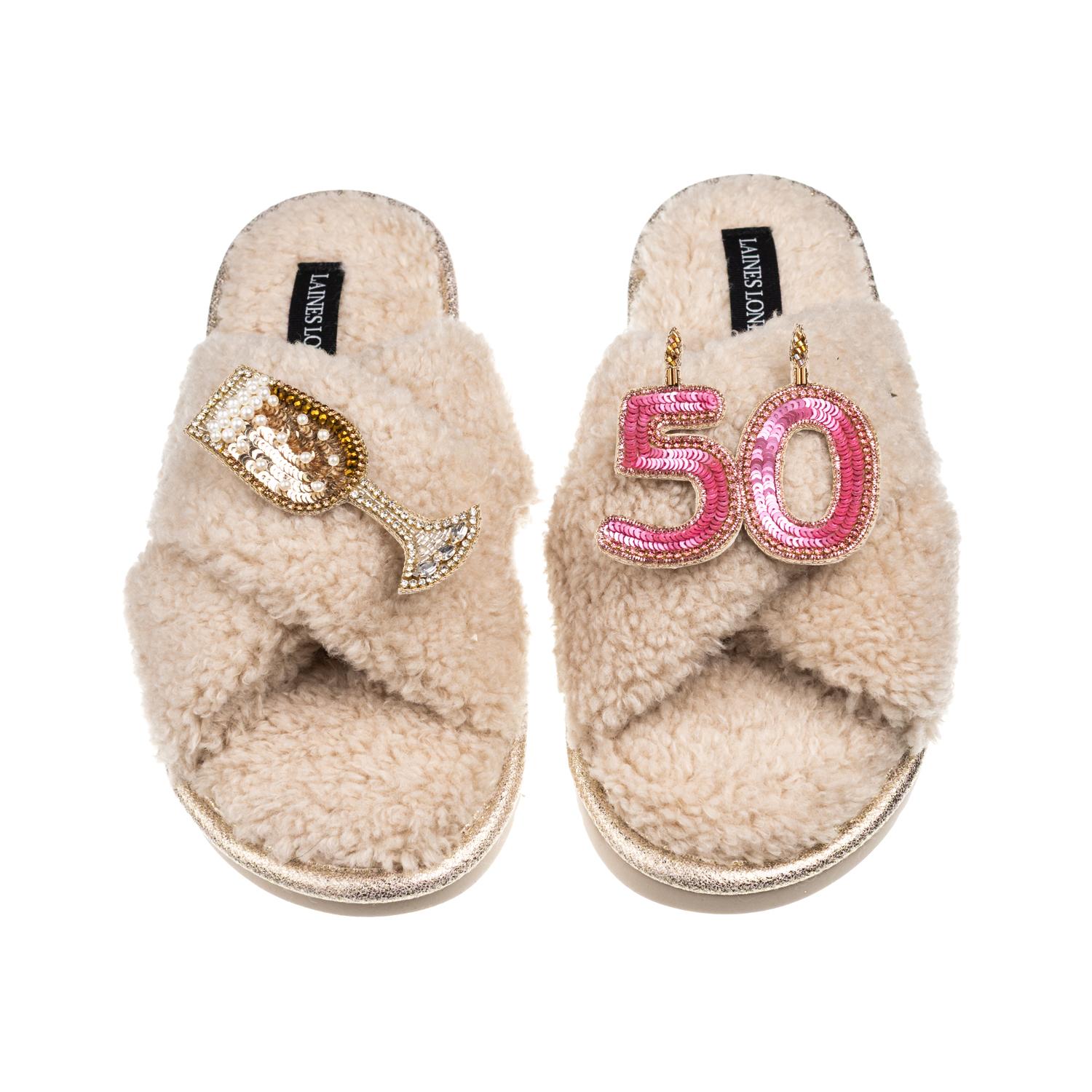 Laines London Women's Neutrals / Brown Laines Neutral Boucle Slippers With 50th Birthday & Champers Brooches - Oat