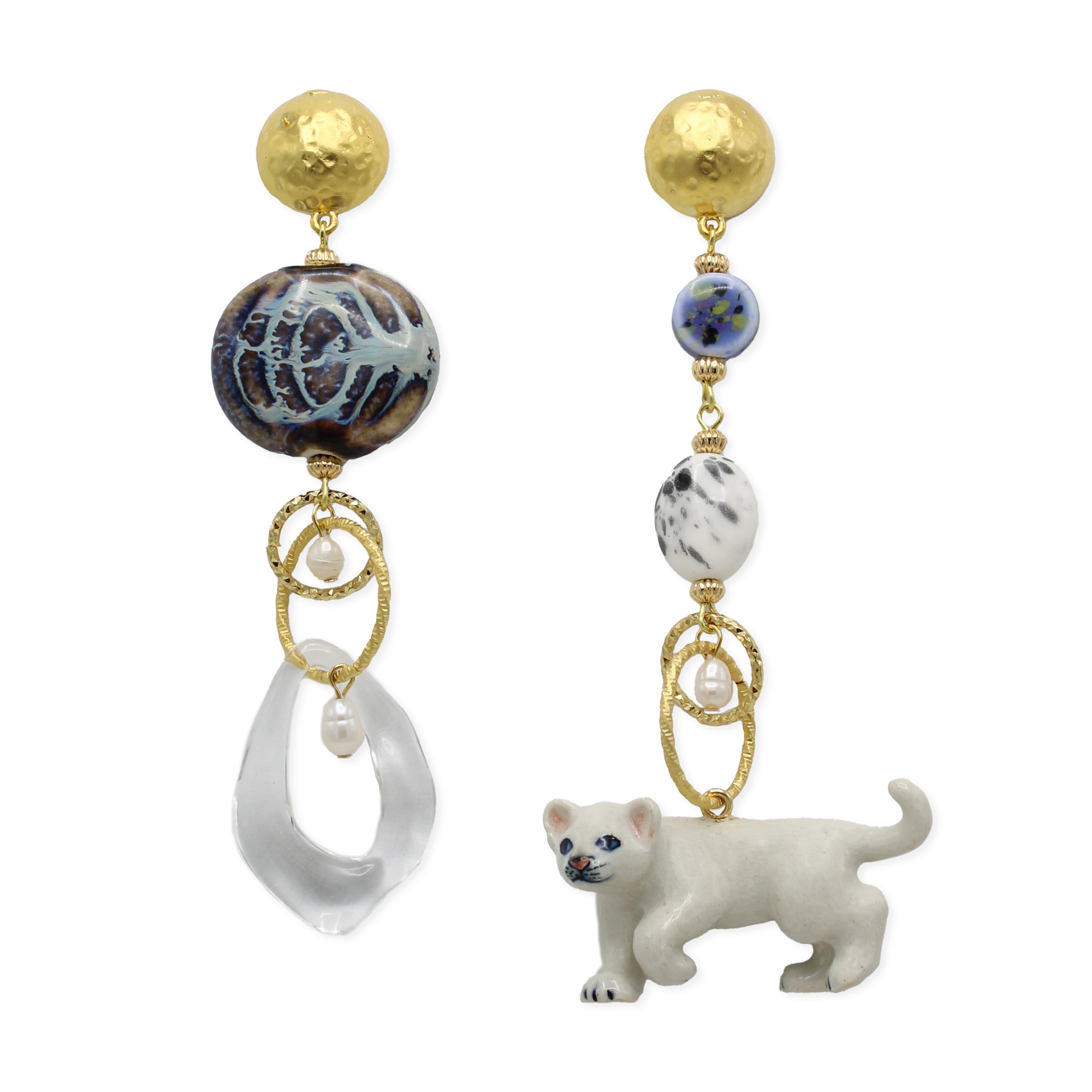 Women’s White / Gold / Blue White Lion Cub Gold Earrings Midnight Foxes Studio