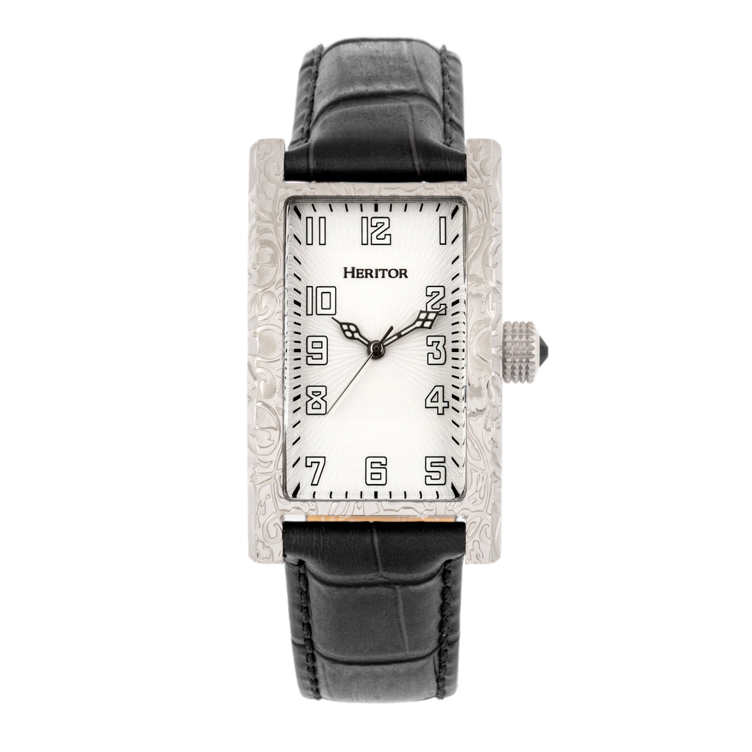 Jefferson Engraved Case Leather Band Watch Silver White by Heritor Automatic