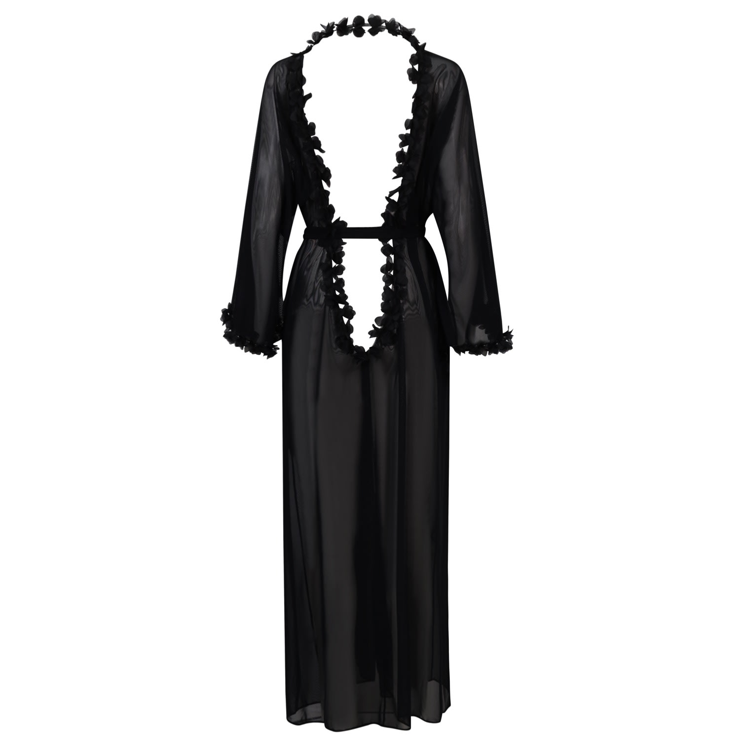 Women's New Edition Fifi Full Length Backless Black Semi Sheer Petal Kimono | Extra Small | Belle-Et-Bonbon