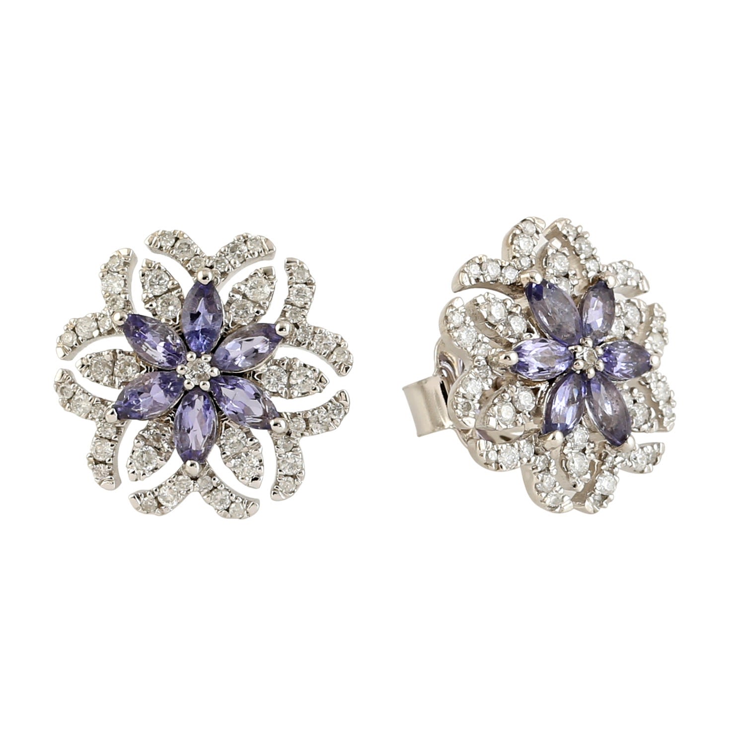 Artisan Women's Blue / White Tanzanite Birthstone & Diamond Flower Stud Earrings In White Gold In Metallic