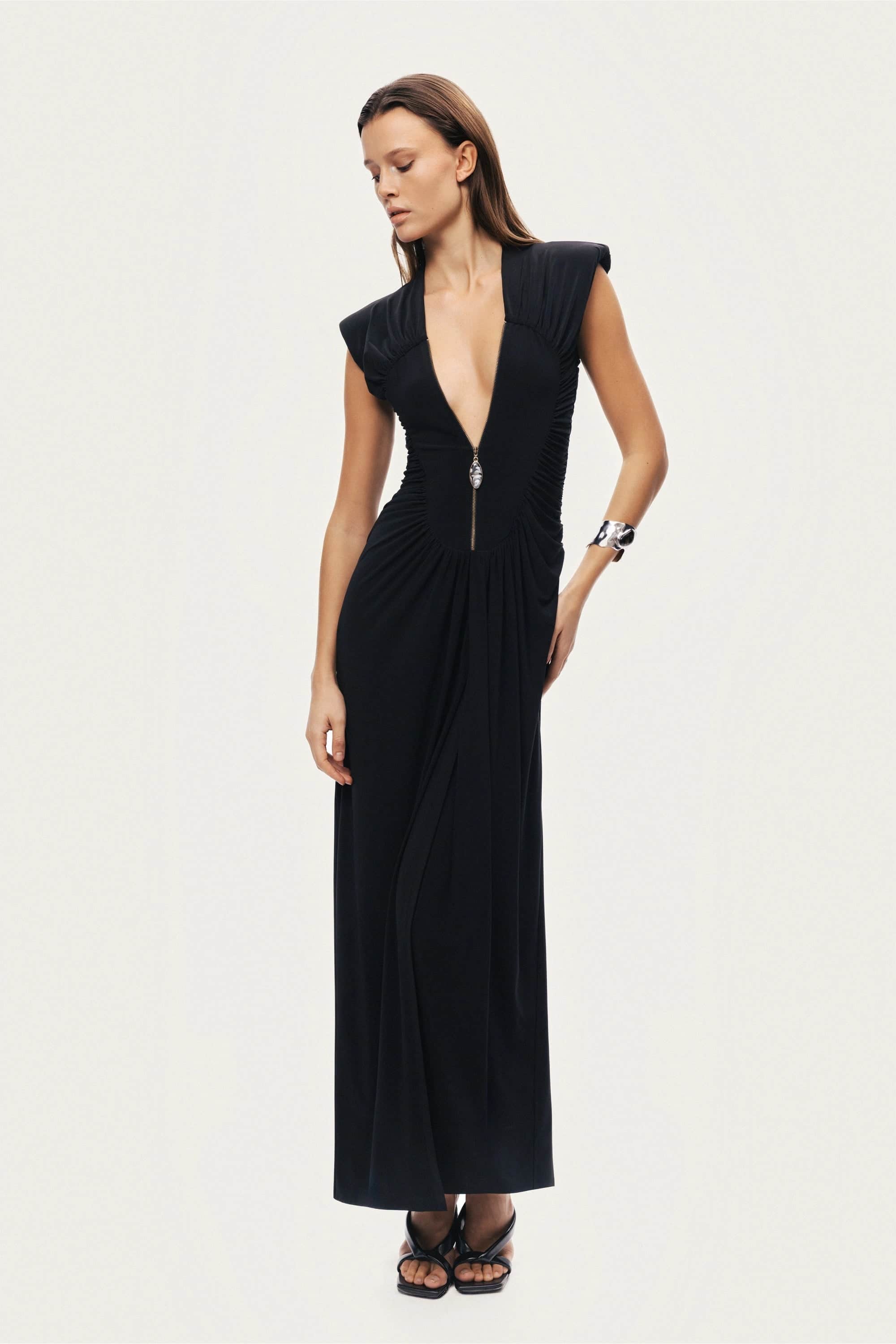 Ruched Deep V-Neck Maxi Dress | NOCTURNE | Wolf & Badger
