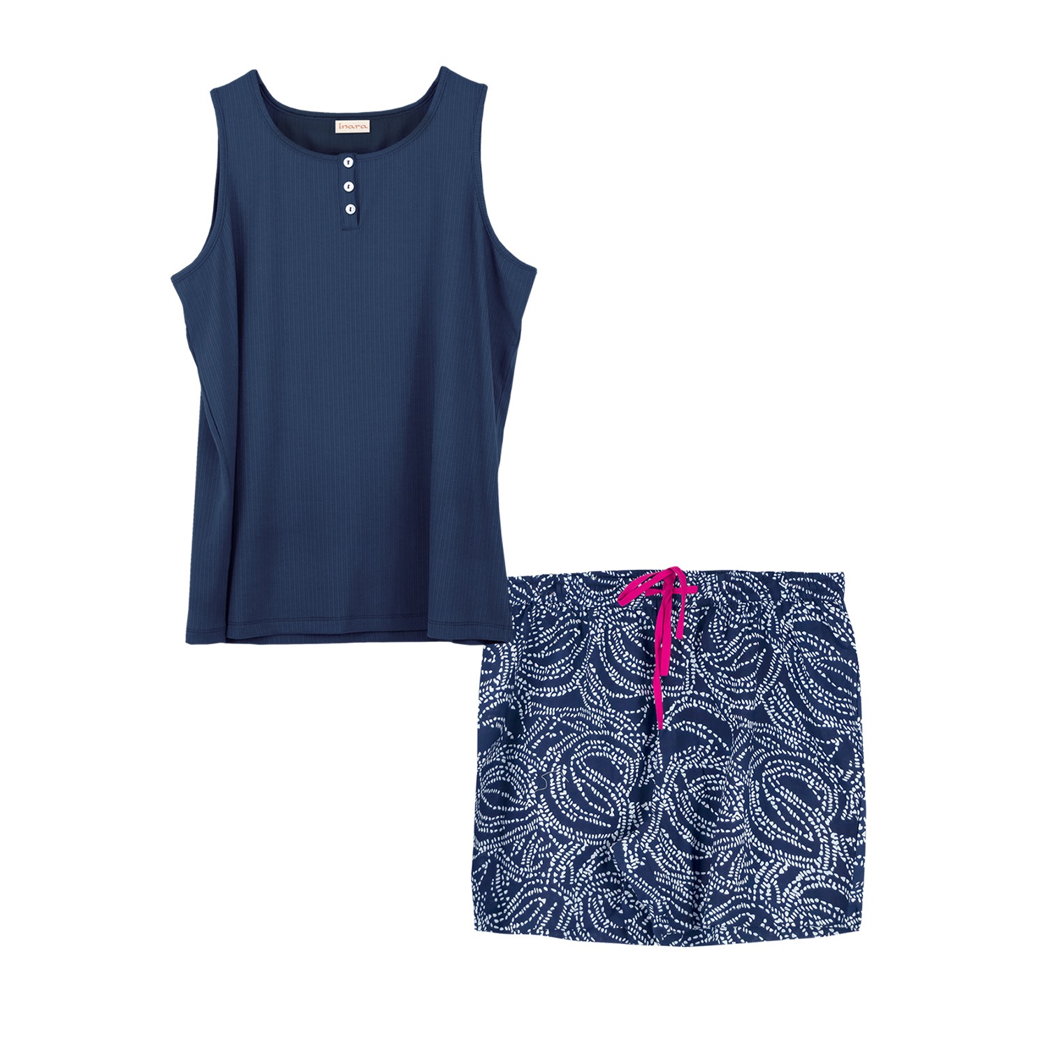 Inara Women's Blue Indian Cotton Starry Night Print Shorts And Sleeveless Ribbed Top In Blue