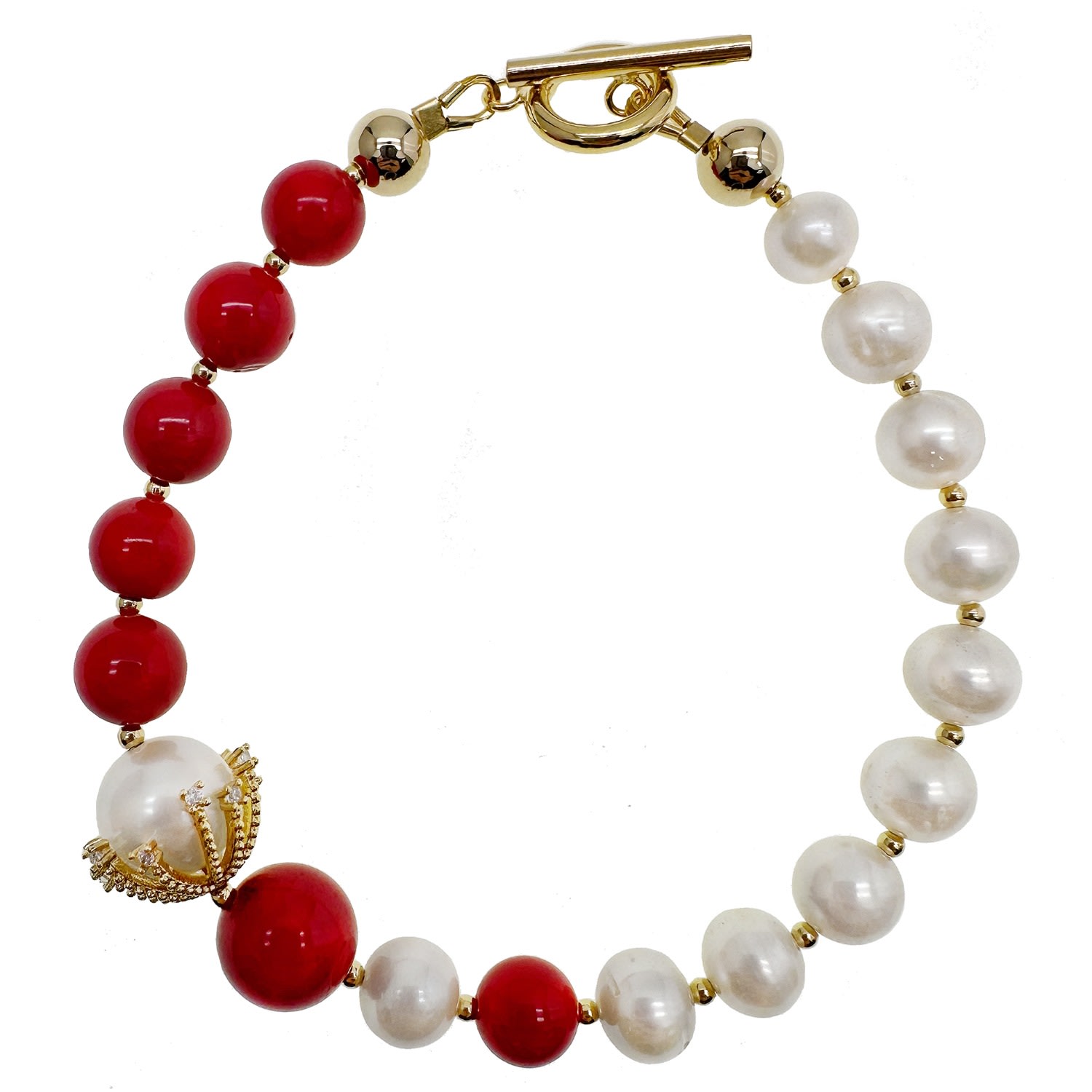 Farra Women's Red Bamboo And White Freshwater Pearls Bracelet
