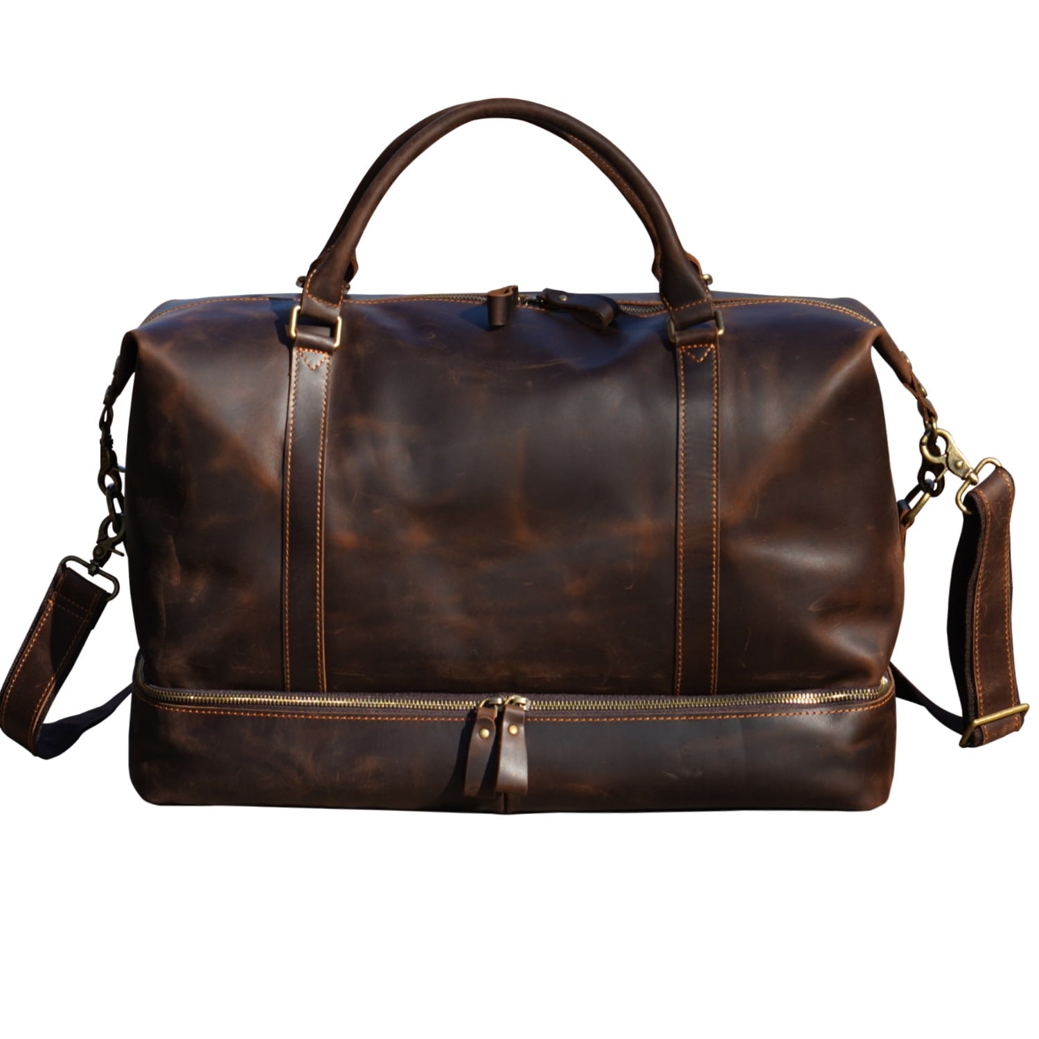 Touri Men's Brown Leather Weekend Bag With Suit Compartment Weekender