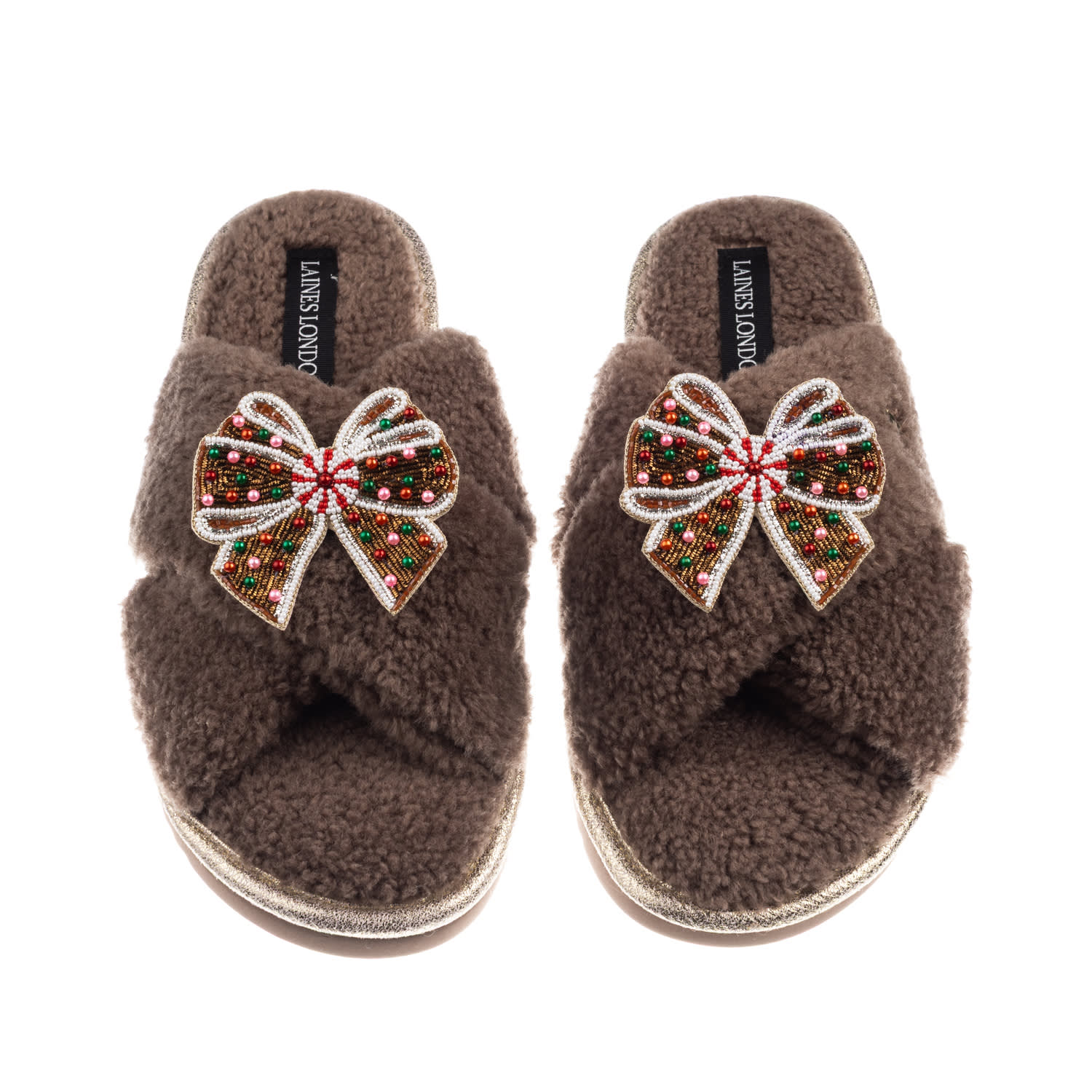 Laines London Women's Brown / Neutrals Laines Boucle Slippers With Christmas Gingerbread Bows Brooches - Mink In Animal Print