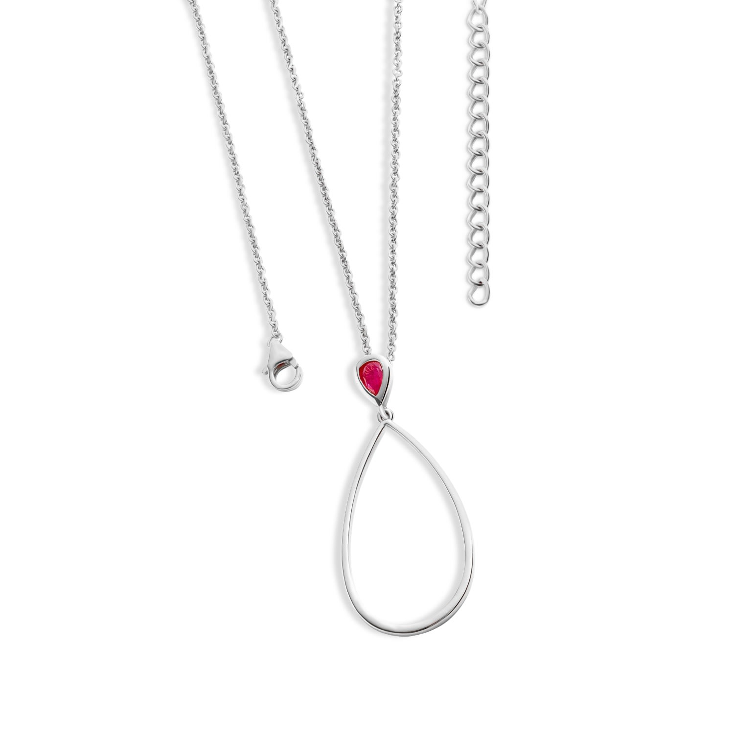 Lucy Quartermaine Women's Silver Long Petal Drop Necklace With Pear Cut Ruby In White