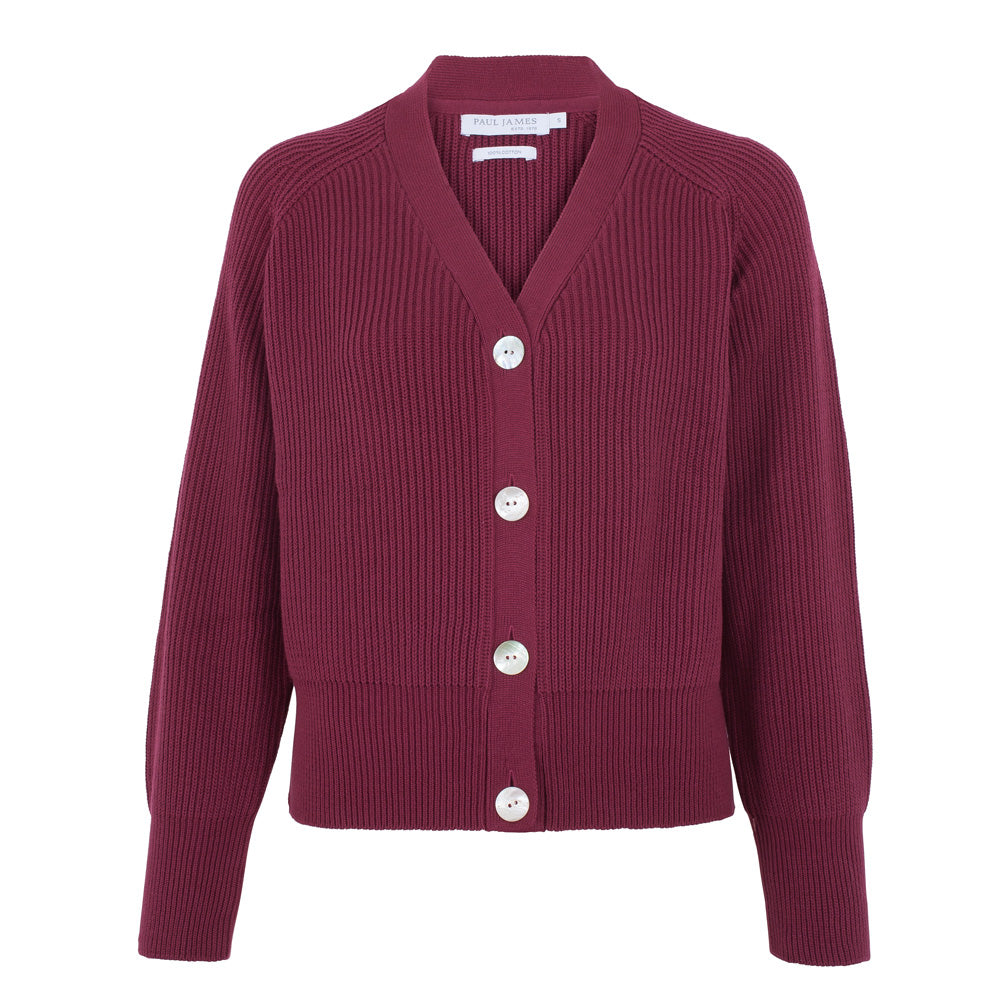 Paul James Knitwear Pink / Purple Womens Cotton Oversized V Neck Ribbed Tilda Cardigan - Rhododendron In Pink/purple
