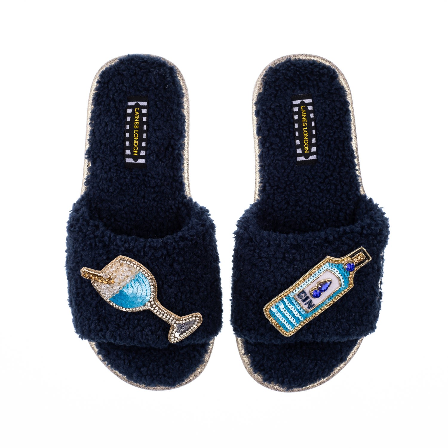 Women’s Teddy Towelling Slipper Sliders With Blue Sapphire Gin Brooches - Navy Large Laines London