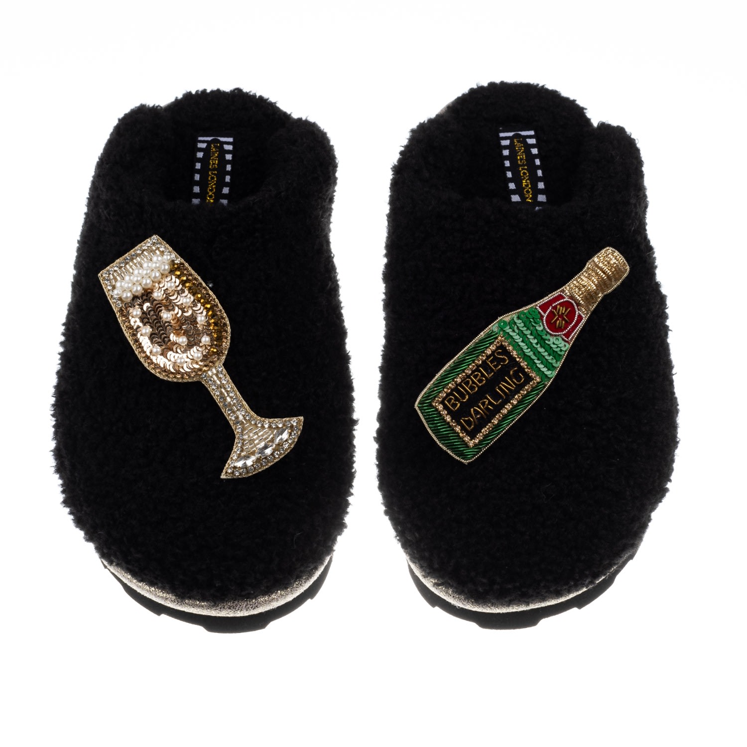 Laines London Women's Teddy Towelling Closed Toe Slippers With Embellished Bubbles Darling Brooches - Black In Black