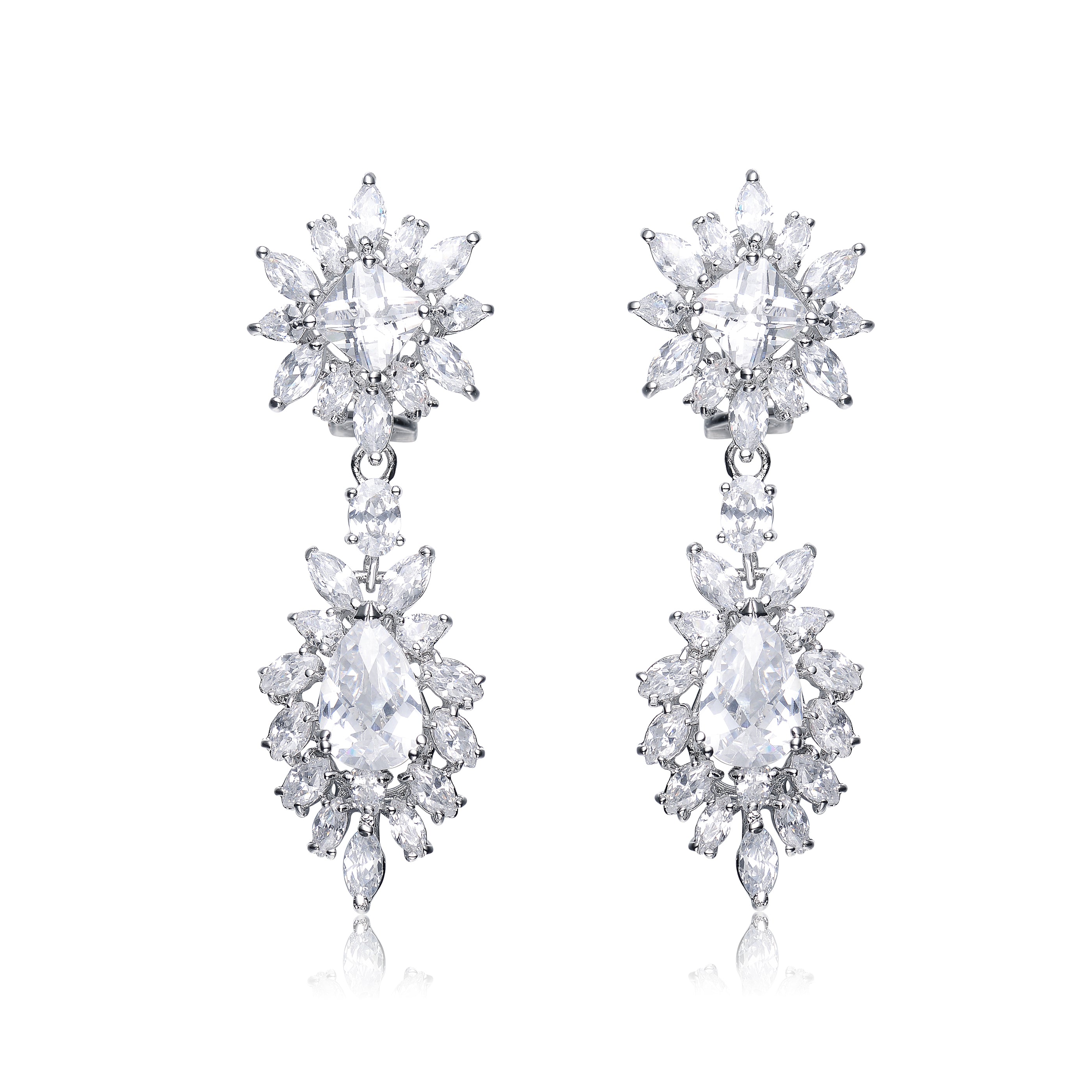 Women’s White / Silver Sterling Silver White Cubic Zirconia Double Halo Cluster Dangle Earrings Genevive Jewelry