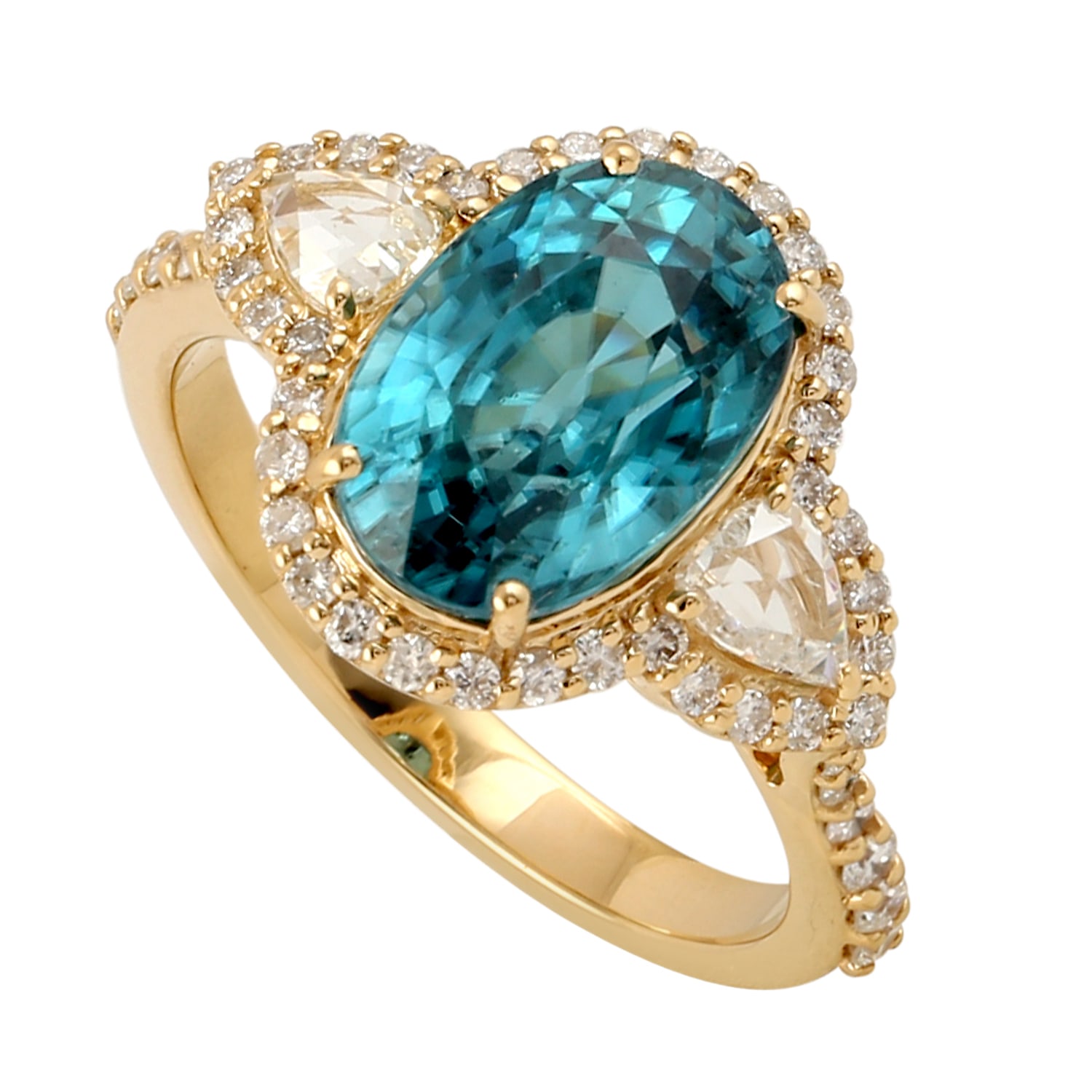 Women’s White / Gold / Blue Oval Cut Zirconia With Rose Cut Pave Diamond In 18K Yellow Gold Cocktail Ring Artisan