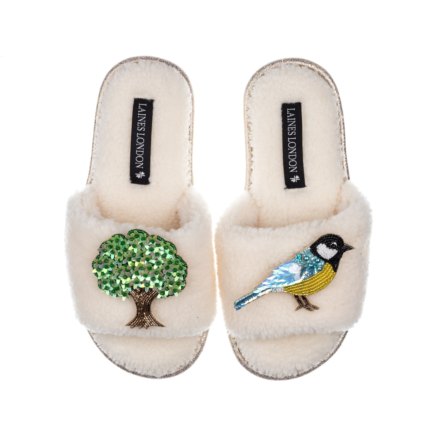 Laines London Women's White Teddy Toweling Slipper Sliders With Oak Tree & Blue Tit Brooches - Cream In White