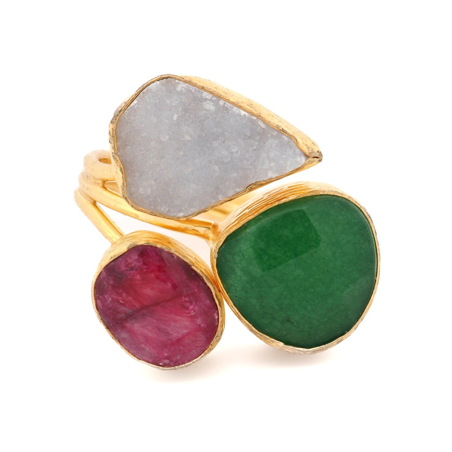 Ebru Jewelry Women's Gold / Green / Red Divine Nature Triple Adjustable Gemstone Ring - Gold In Gold
