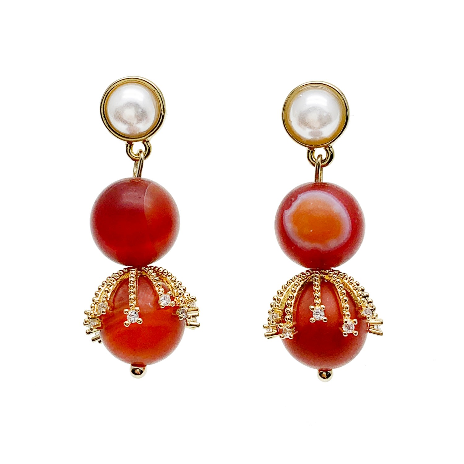 Farra Women's Matte Finish Red Agate Dangle With Pearl Stud Earrings In Red