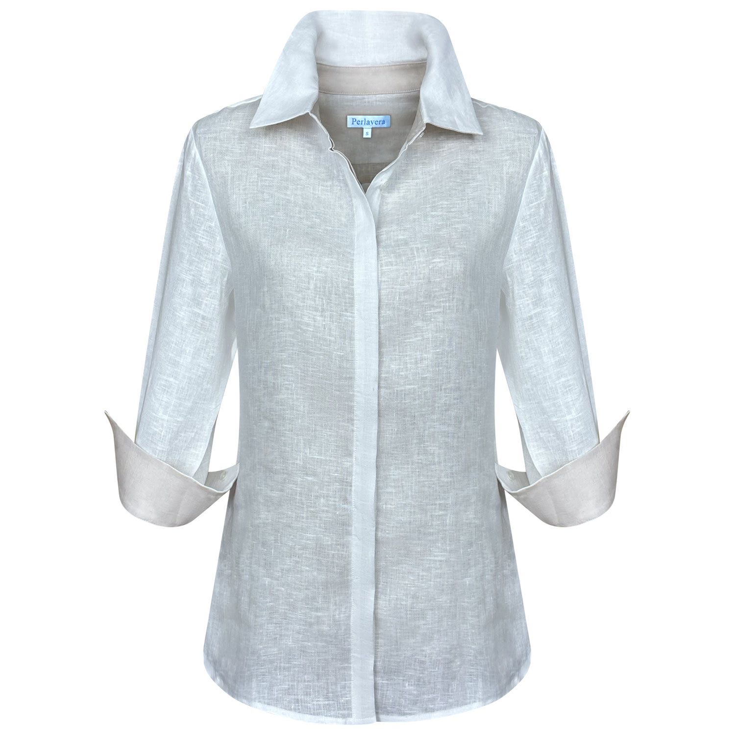 Perlavera Women's Lexy White-beige Linen Three Quarter Sleeve Length Slim Fit Shirt In White