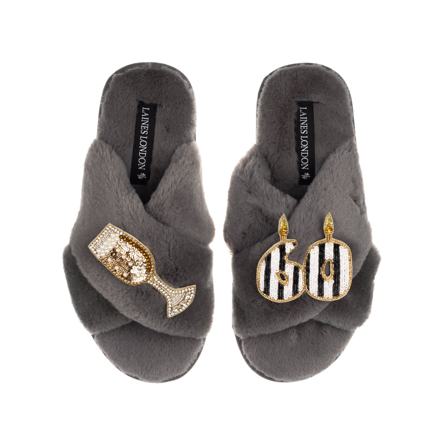 Laines London Women's Classic Laines Slippers With Stripe 60th Birthday & Glass Of Champagne Brooches - Grey In Grey
