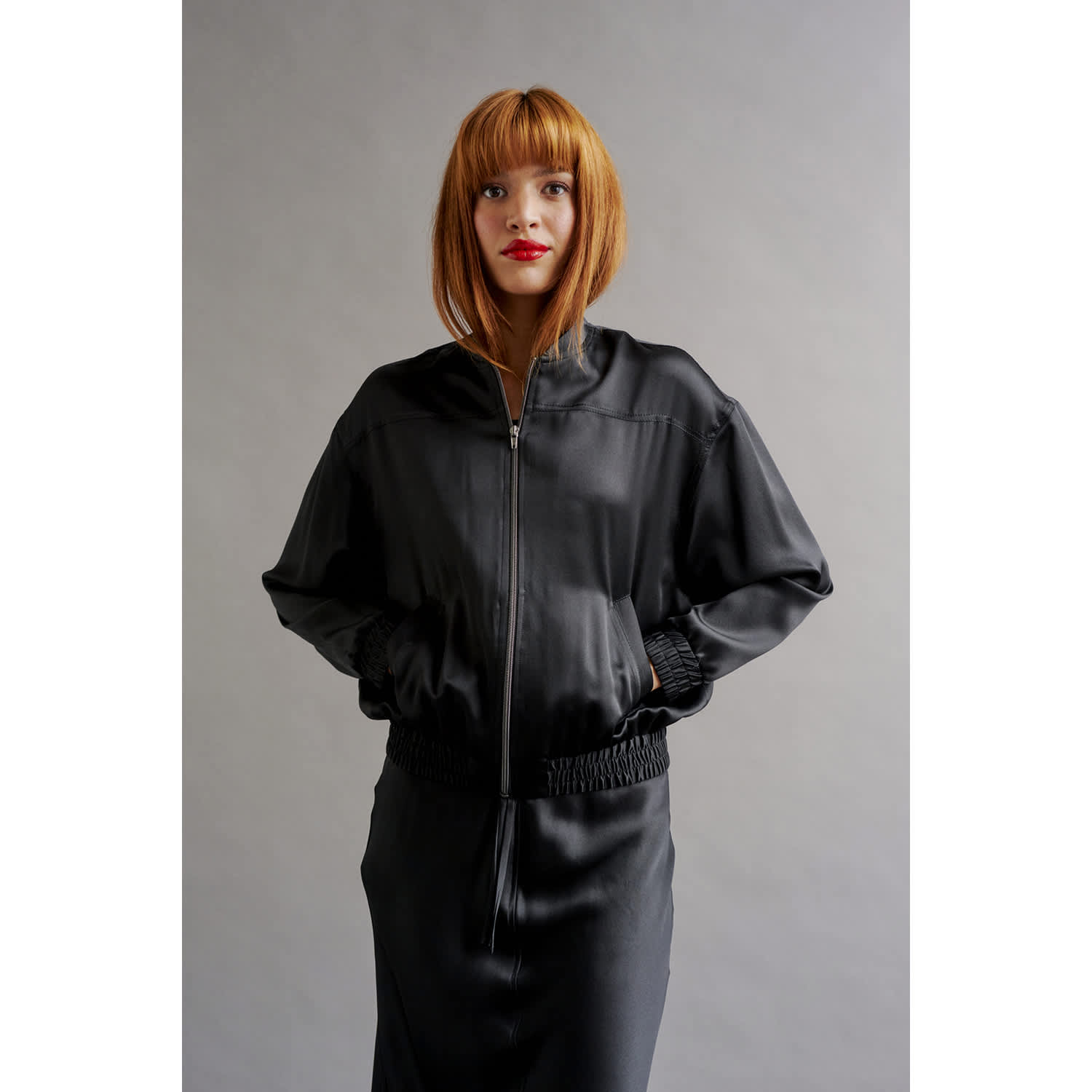 【FOG Essentials】 Women's Black Satin Bomber Jacket Fear of God Essentials Women's Black Satin Bomber Jacket