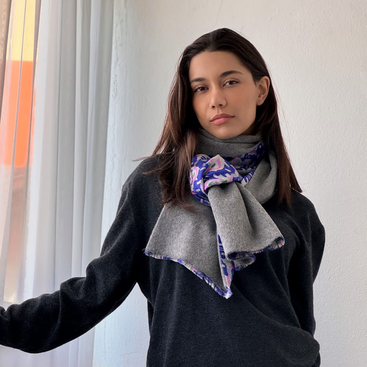 Silk & Wool Cashmere Mix Reversible Scarf - Grey | Maraethra