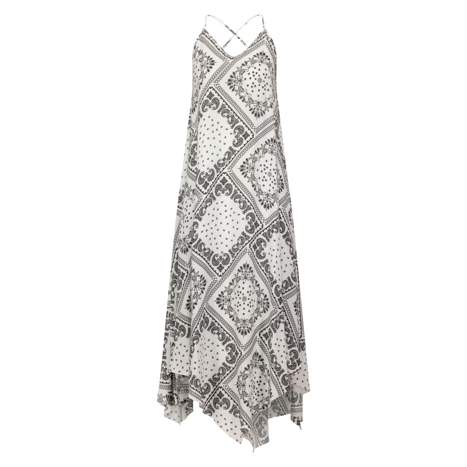 Azzalia Women's White / Black Asymmetrical Hemline Printed Rayon Dress With Low Back In White/black