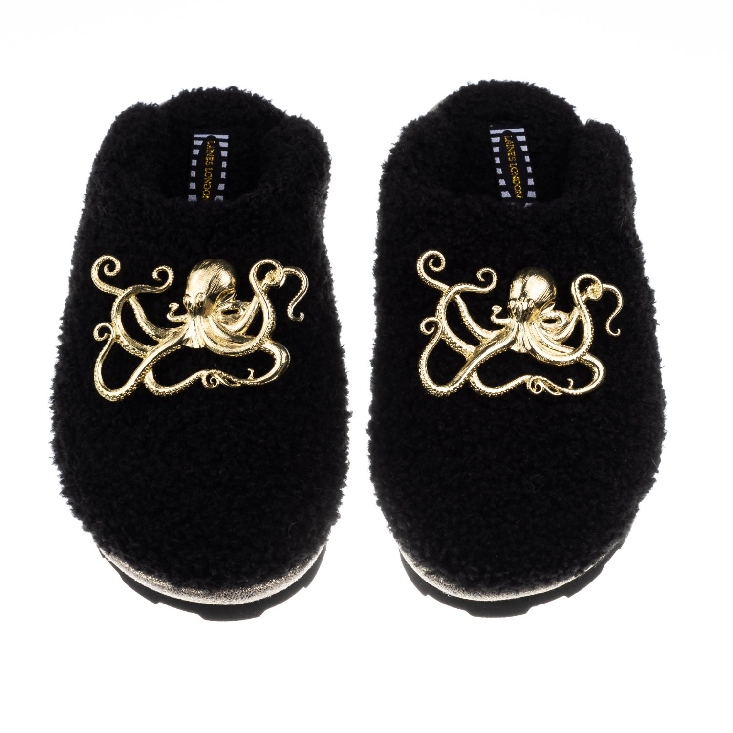 Women’s Teddy Closed Toe Slippers With Gold Metal Octopus Brooches - Black Large Laines London