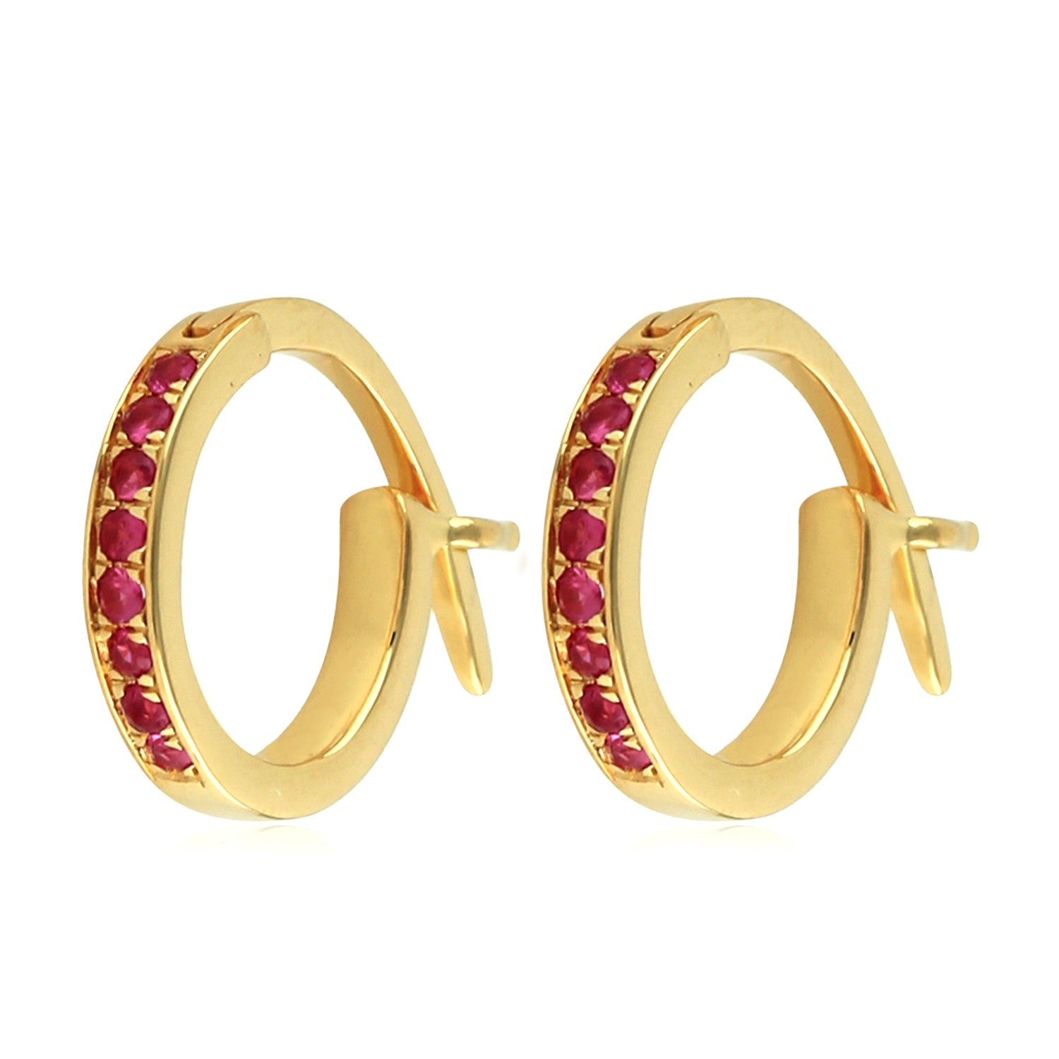 Artisan Women's Gold / Red 10k Yellow Gold Huggie Earrings With Ruby Gemstones In Gold