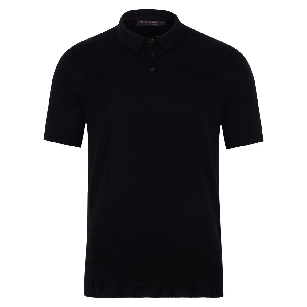 Mens Ultra Fine Cotton Earl Short Sleeve Polo Shirt - Black Extra Large Paul James Knitwear