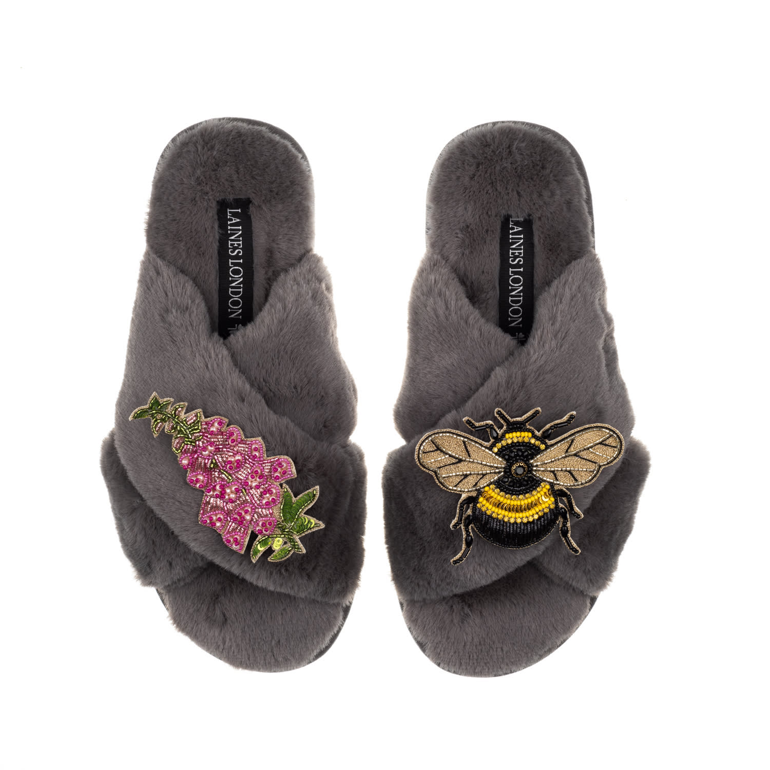Laines London Women's Classic Laines Slippers With Honey Bee & Pink Foxglove Flowers Brooches - Grey In Grey