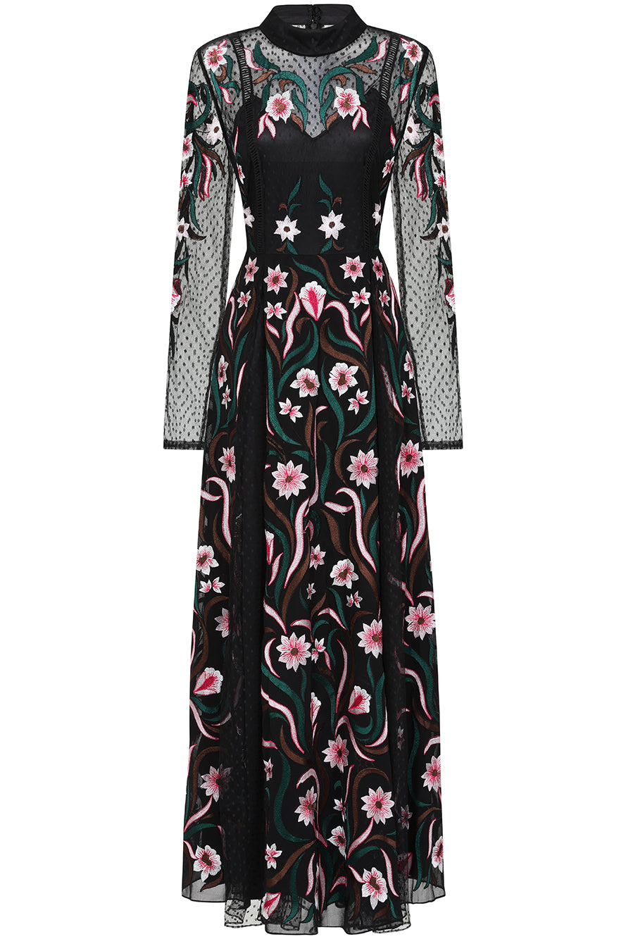 Women's Liana Black Floral Embroidered Maxi Dress | Small