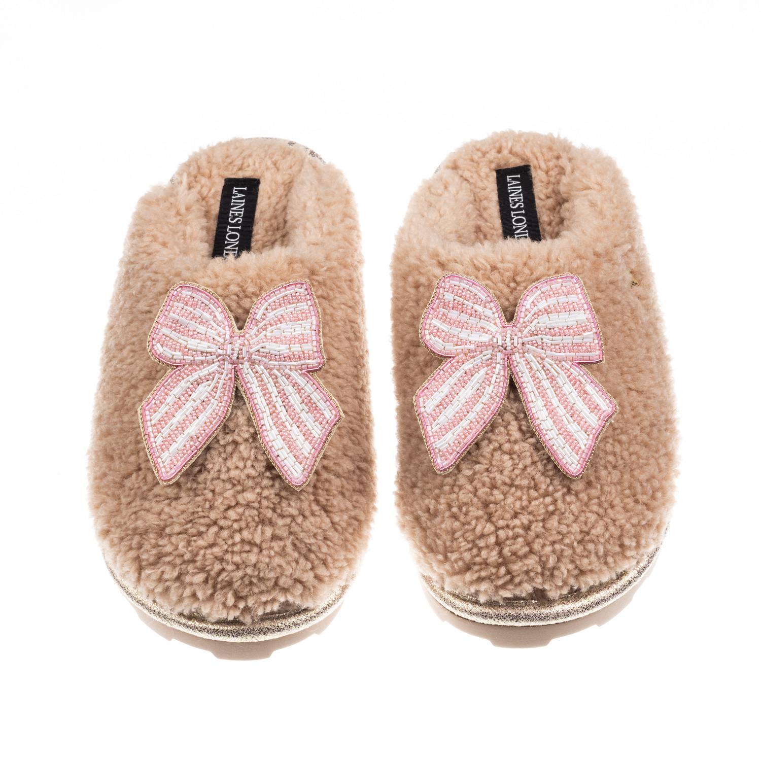 Laines London Women's Brown / Neutrals Teddy Closed Toe Slippers With Pink Stripe Bow Brooches - Toffee In Brown