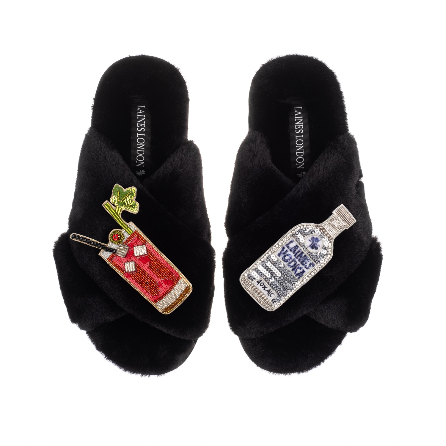 Laines London Women's Classic Laines Slippers With Bloody Mary Brooches - Black In Black
