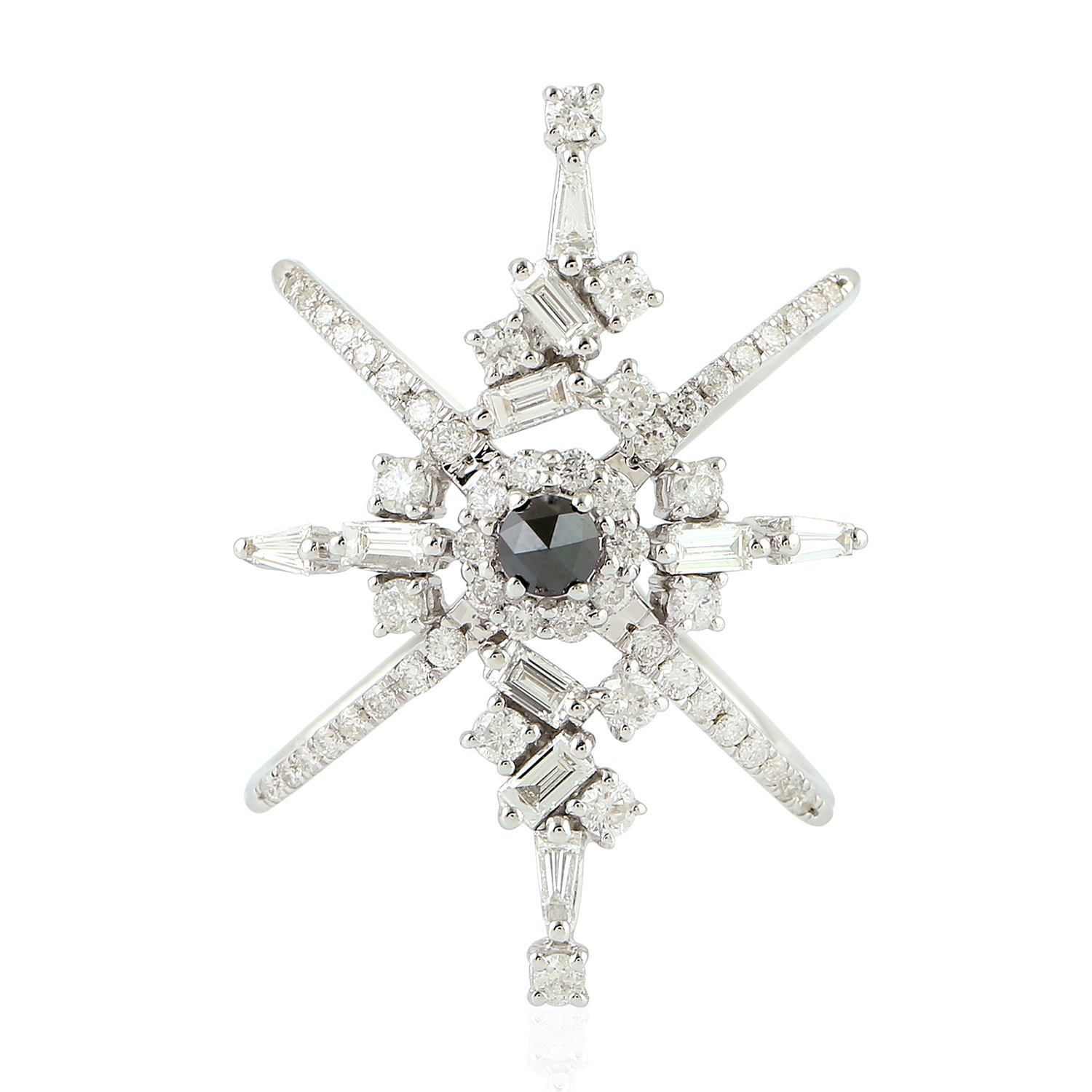 Artisan Women's White / Black Designer Cocktail Ring With Baguette Diamonds In White Gold In Metallic