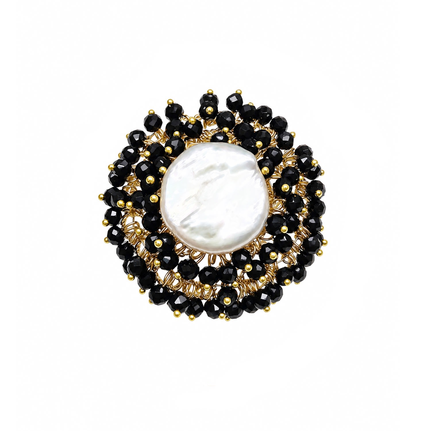 Women's Romantic Style Freshwater Pearl With Black Obsidian Cocktail Ring | Farra