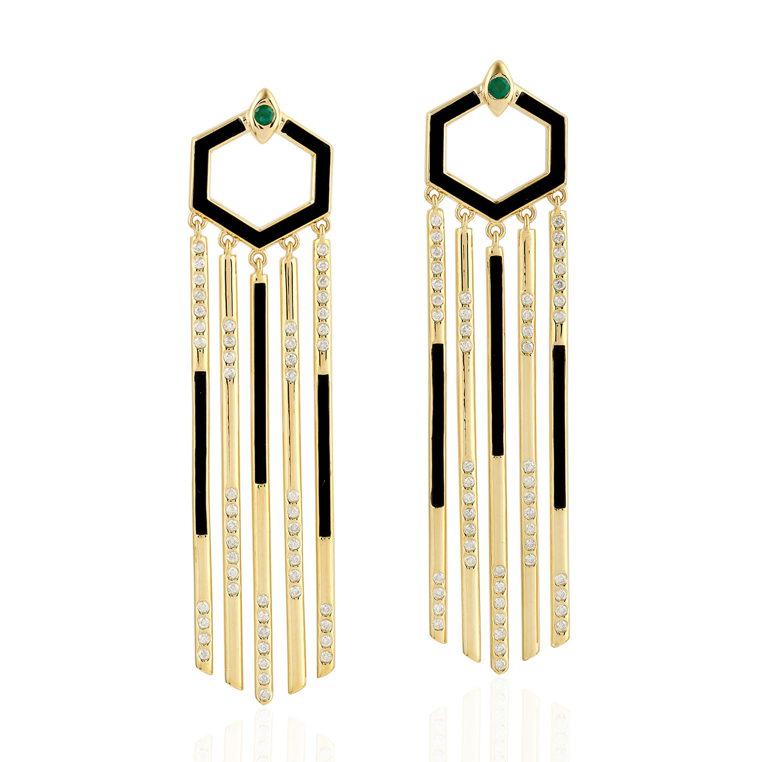 Artisan Women's White / Black / Gold Pear Emerald Diamond Enamel Chandelier Earrings In Yellow Gold In Multi