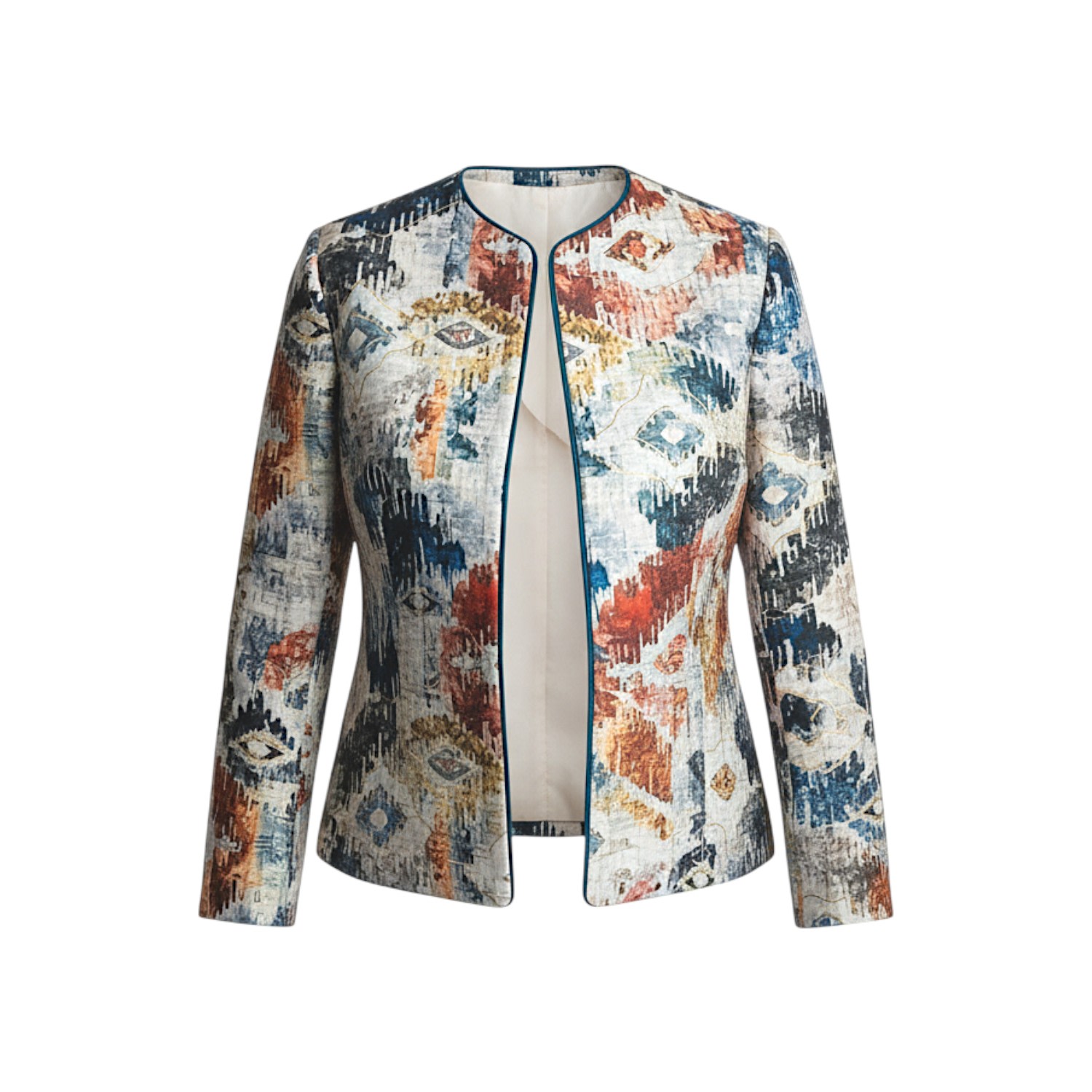 Women's Handcrafted Linen Cotton Jacket | Ikat Art-Inspired Open-Front Coat | S/M | Stovaria