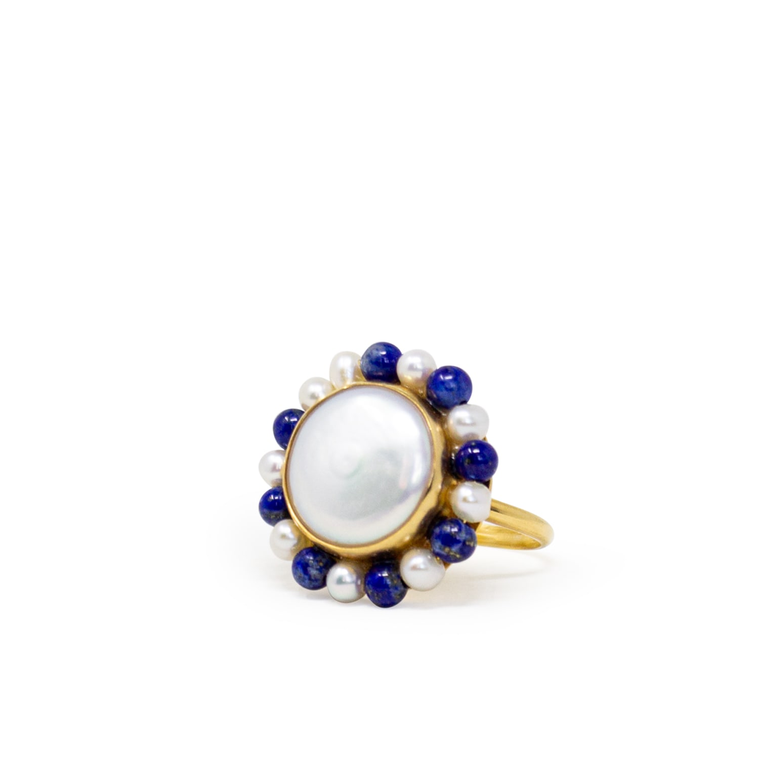 Women’s Gold / Blue / White Lotus Gold-Plated Pearl And Lapis Ring Vintouch Italy