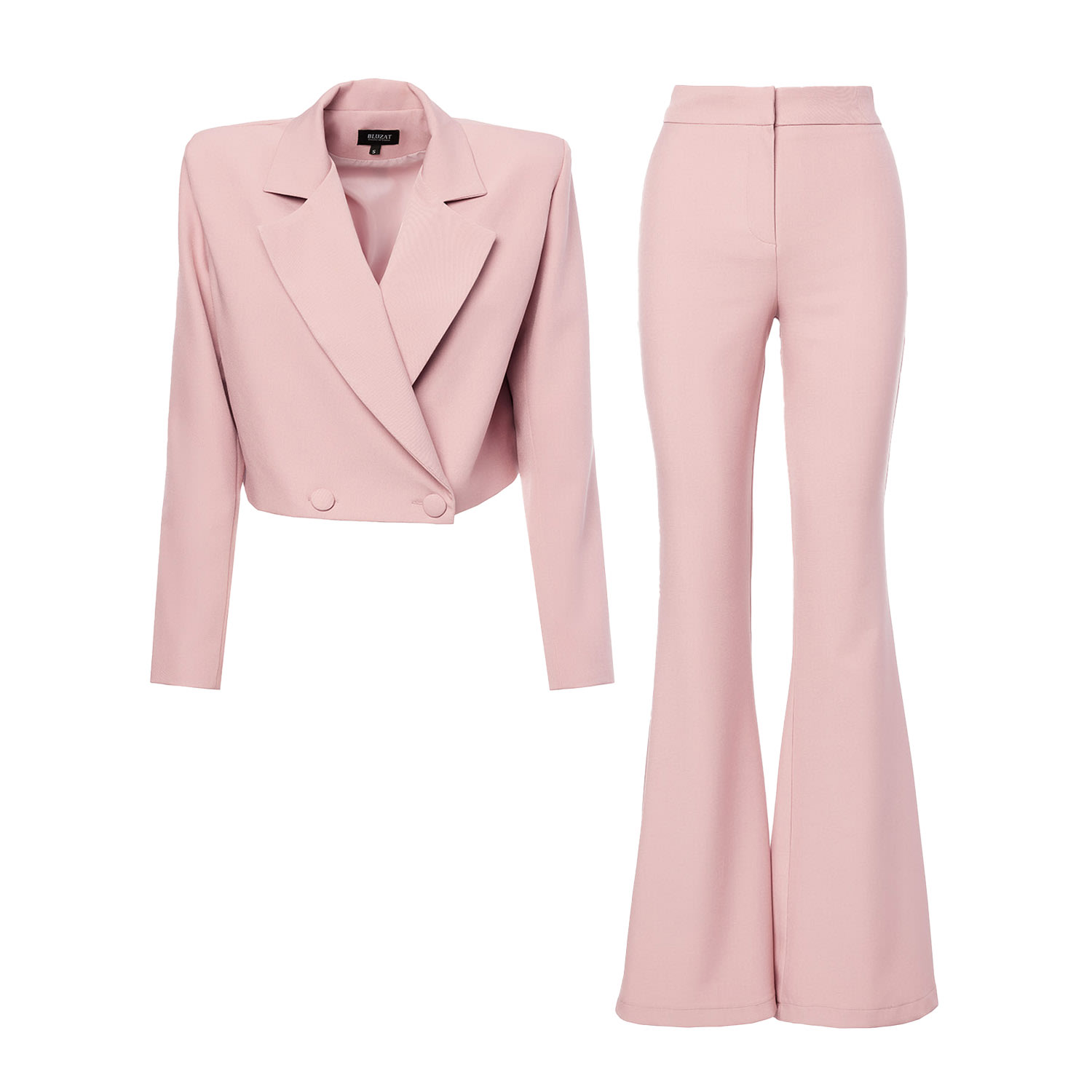 Women’s Pink / Purple Pastel Pink Suit With Cropped Blazer And Flared Trousers Large Bluzat