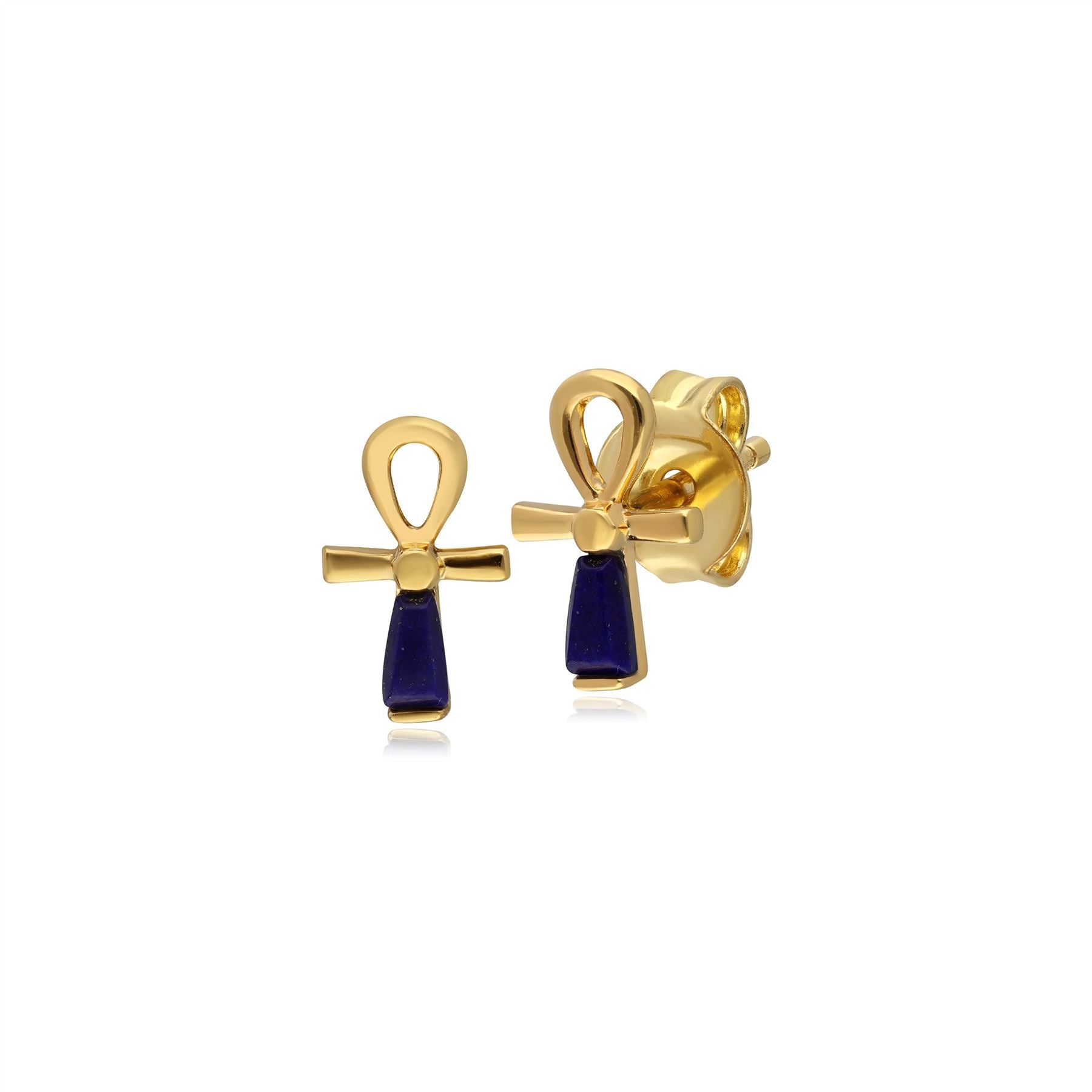 Women’s Blue Lapis Lazuli Ankh Stud Earrings In Yellow Gold Gemondo